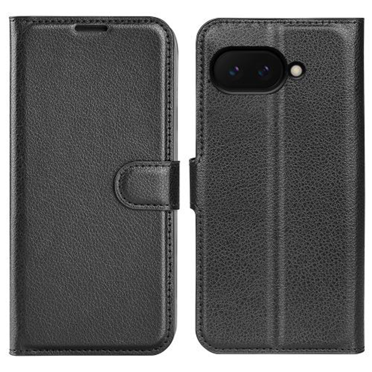 Étui de téléphone noir avec un téléphone à l'intérieur. L'étui a un fermoir. L'étui est fermé.