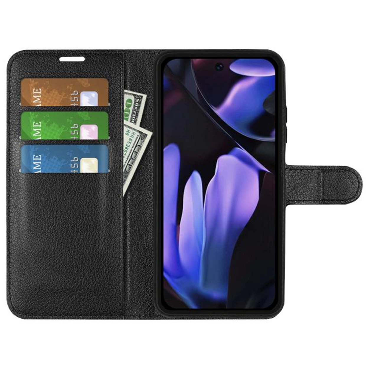 Étui de téléphone noir ouvert, montrant des cartes et de l'argent. L'écran du téléphone affiche un motif abstrait violet.
