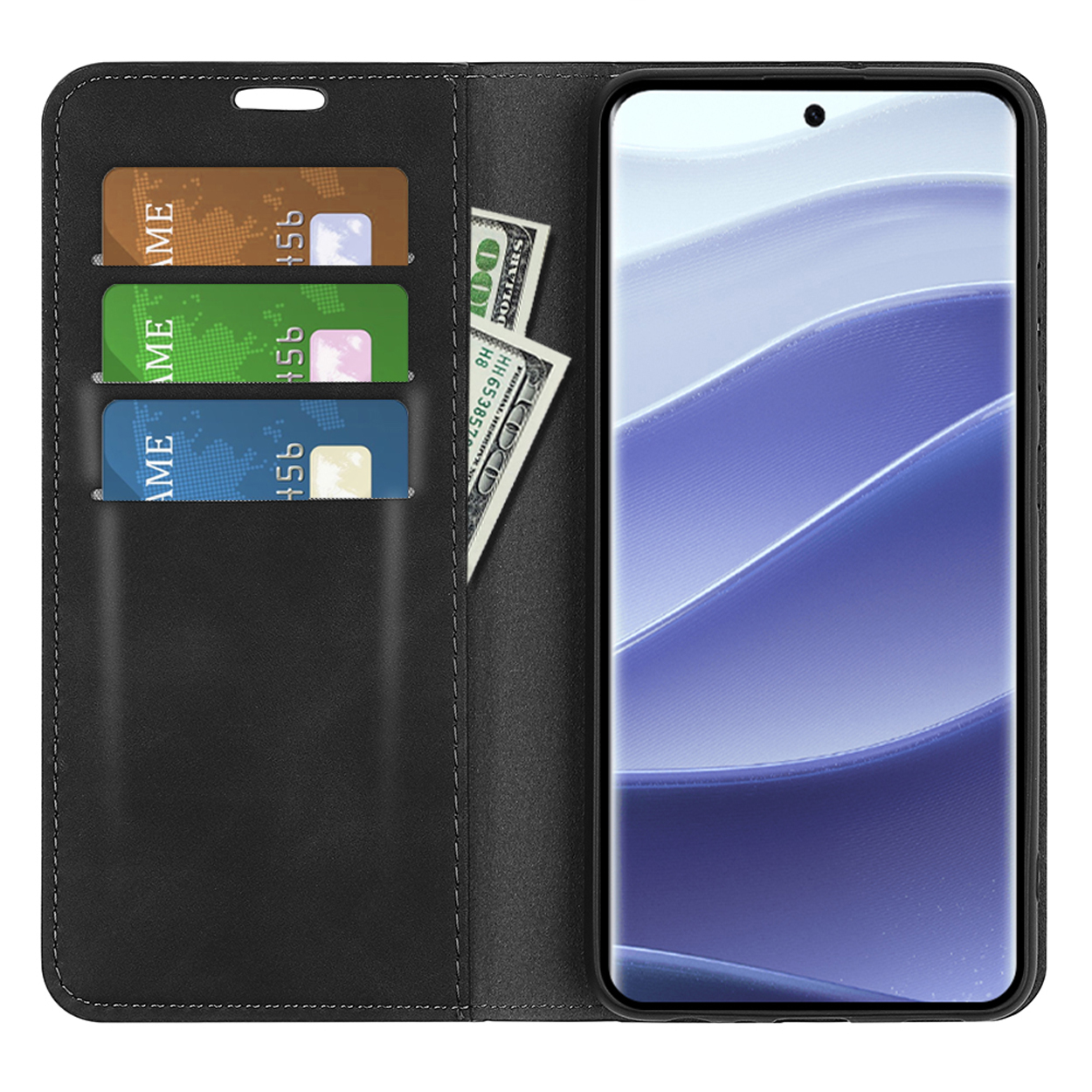 Zwarte telefoonhoes open, met creditcards en geld zichtbaar, en telefoon met een afbeelding.