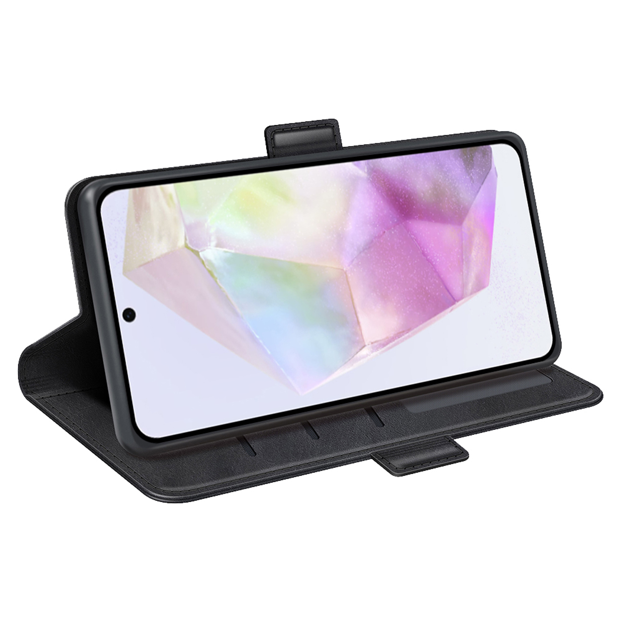Zwarte telefoonhoes met een telefoon die een kleurrijk beeld laat zien. De hoes is open en toont de telefoon.