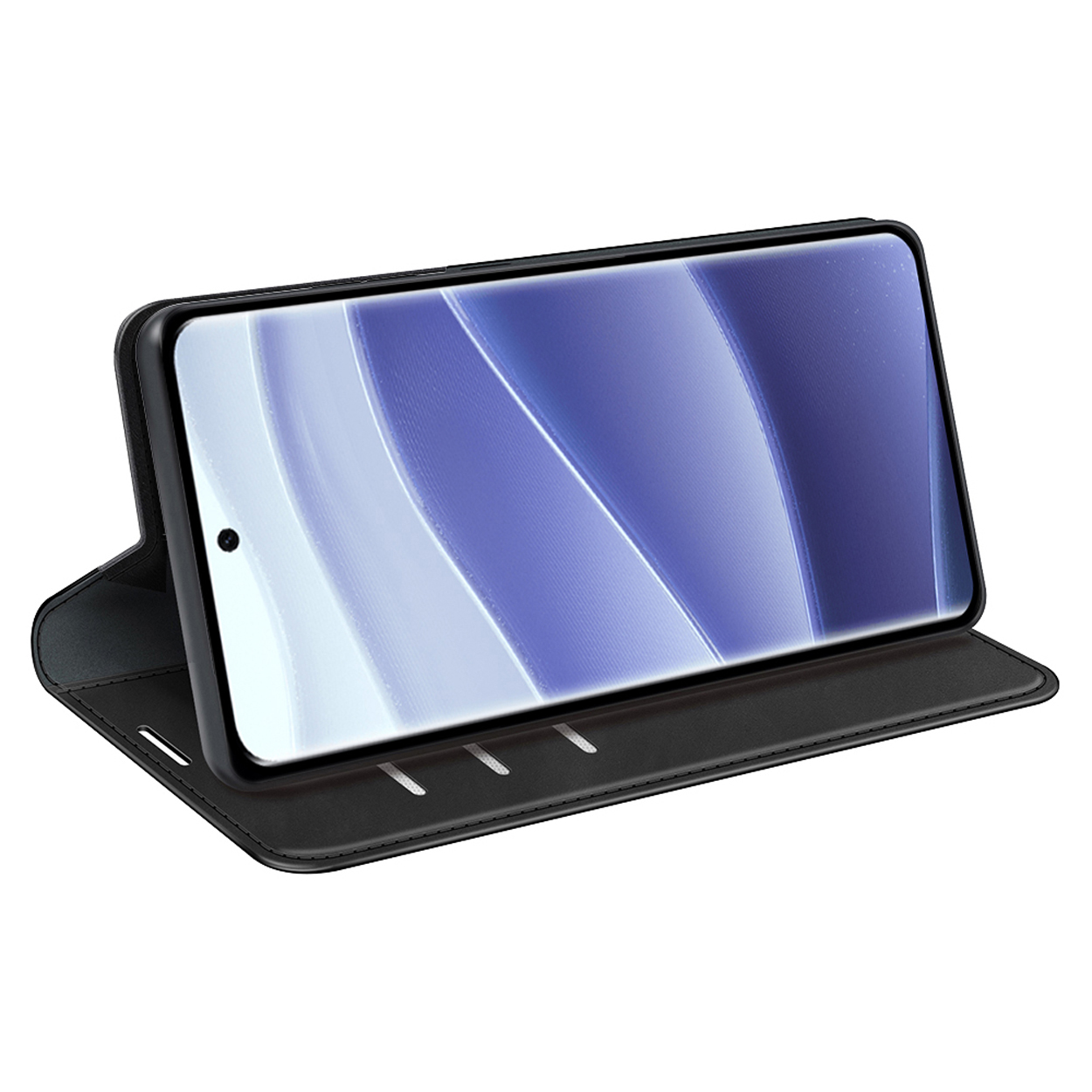 Zwarte telefoonhoes open, met een telefoon die een afbeelding weergeeft. De hoes is onder een hoek geplaatst.