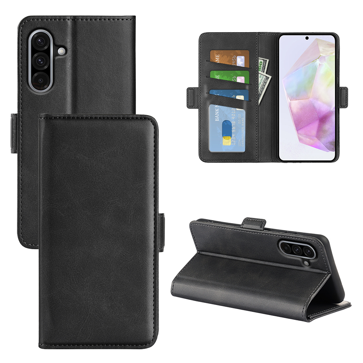 Meerdere afbeeldingen van een telefoonhoes, open en dicht, met een telefoon en creditcards.