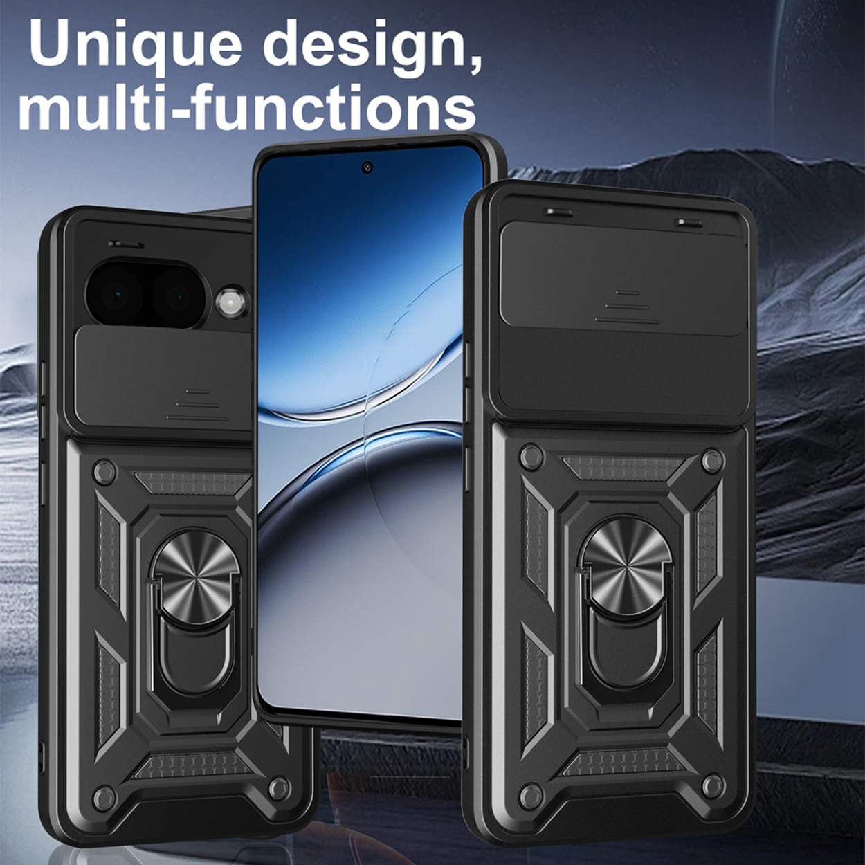 Drie zwarte telefoonhoesjes met ringhouders. Tekst luidt: Uniek ontwerp, multifunctioneel.
