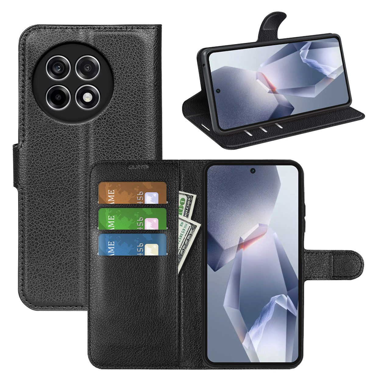 Zwarte telefoonhoes met een telefoon en creditcards zichtbaar. De telefoon geeft een afbeelding weer.