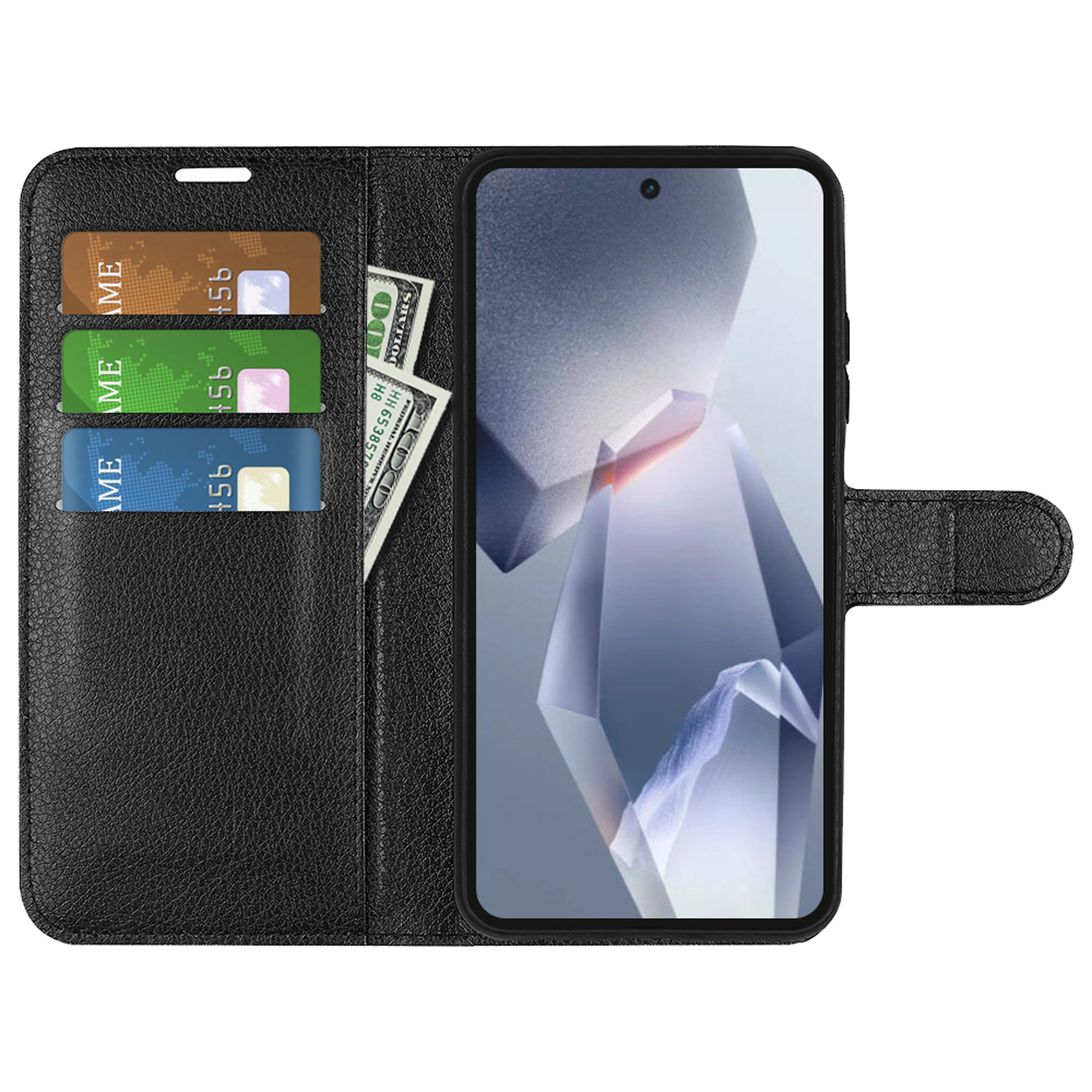 Zwarte telefoonhoesportemonnee open, met telefoon, creditcards en contant geld zichtbaar.