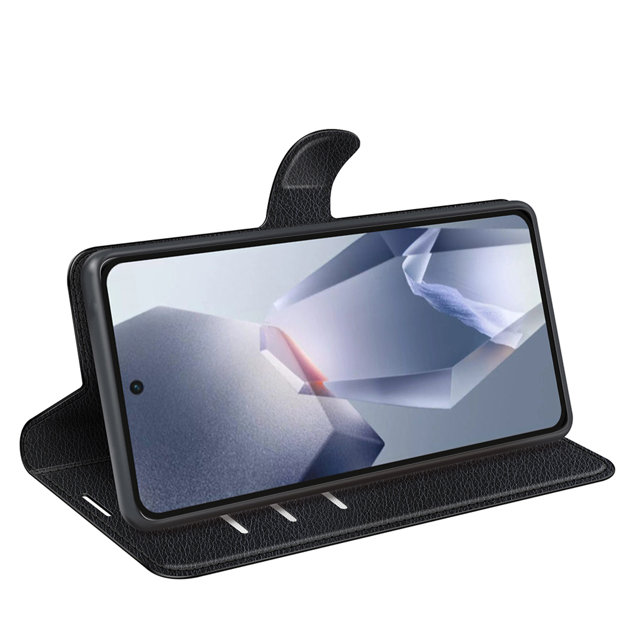 Telefoon in zwarte leren hoes, open. Telefoonscherm toont een geometrisch ontwerp.