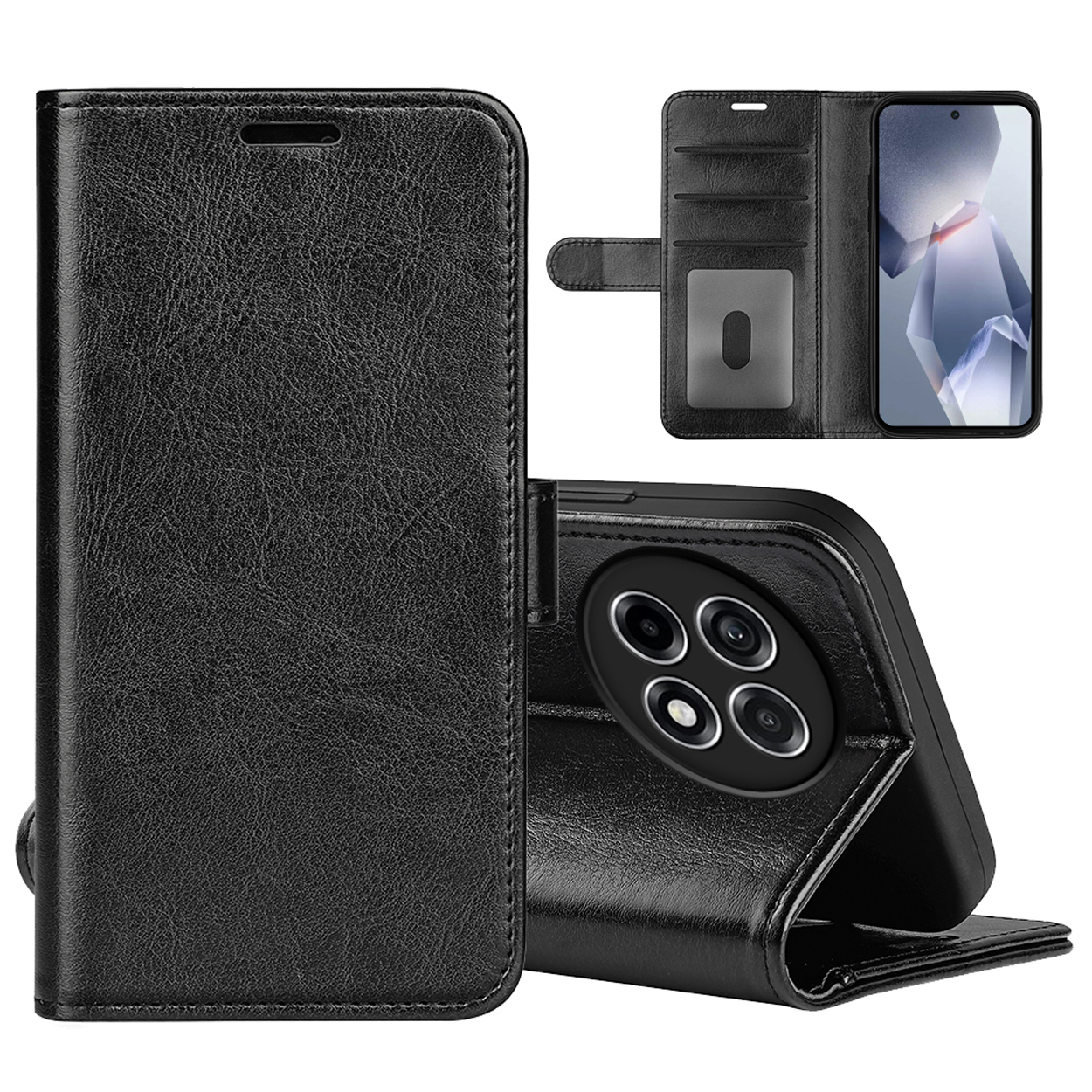 Étui de téléphone en cuir noir ouvert. Téléphone à l'intérieur, emplacements pour cartes.