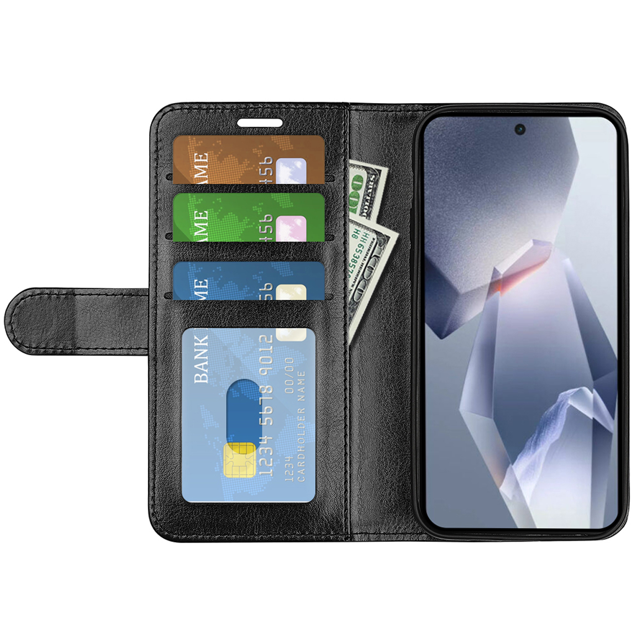 Étui portefeuille de téléphone noir ouvert, avec téléphone, cartes de crédit et espèces visibles à l'intérieur.
