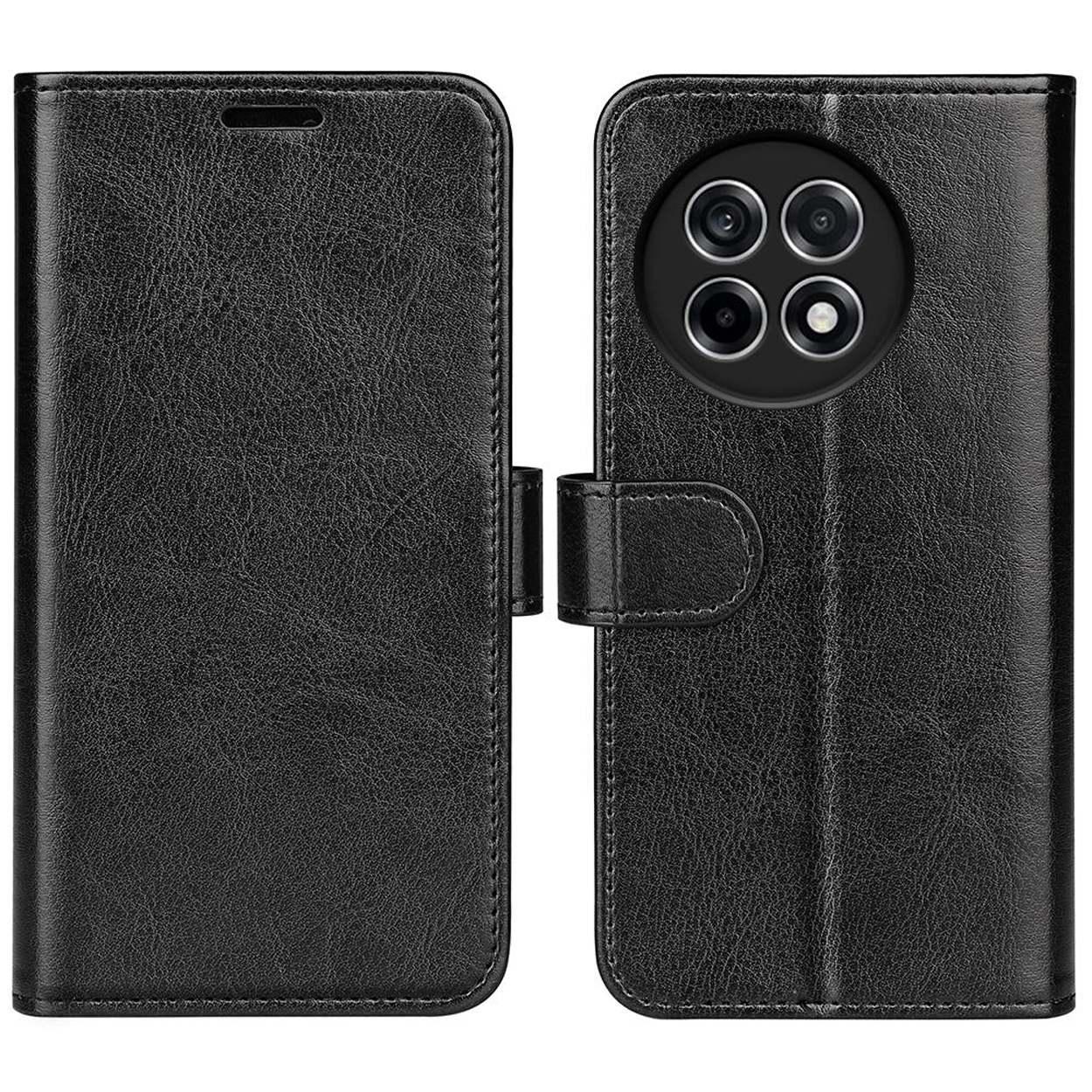 Étui de téléphone en cuir noir ouvert, téléphone à l'intérieur. Vue arrière avec détails de la caméra.