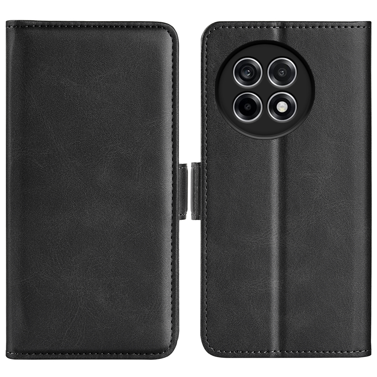 Étui de téléphone en cuir noir ouvert. Téléphone à l'intérieur. Détails de la caméra visibles.