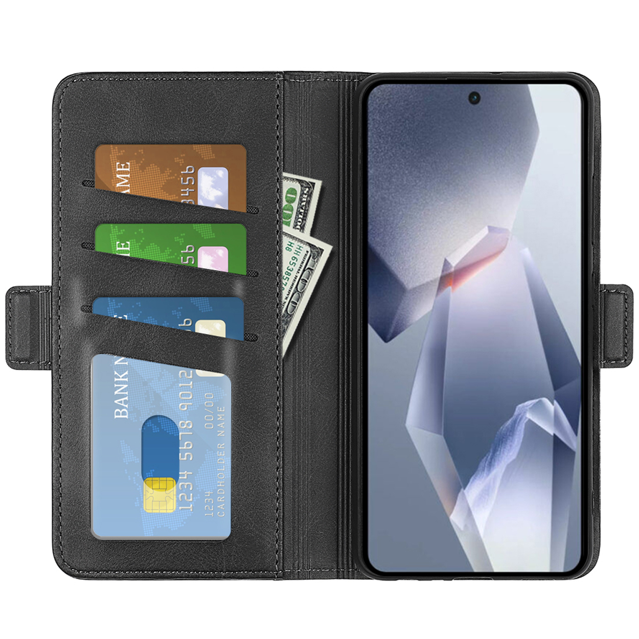 Une coque de téléphone noire avec un téléphone. Une main tient le téléphone. Fond blanc.
