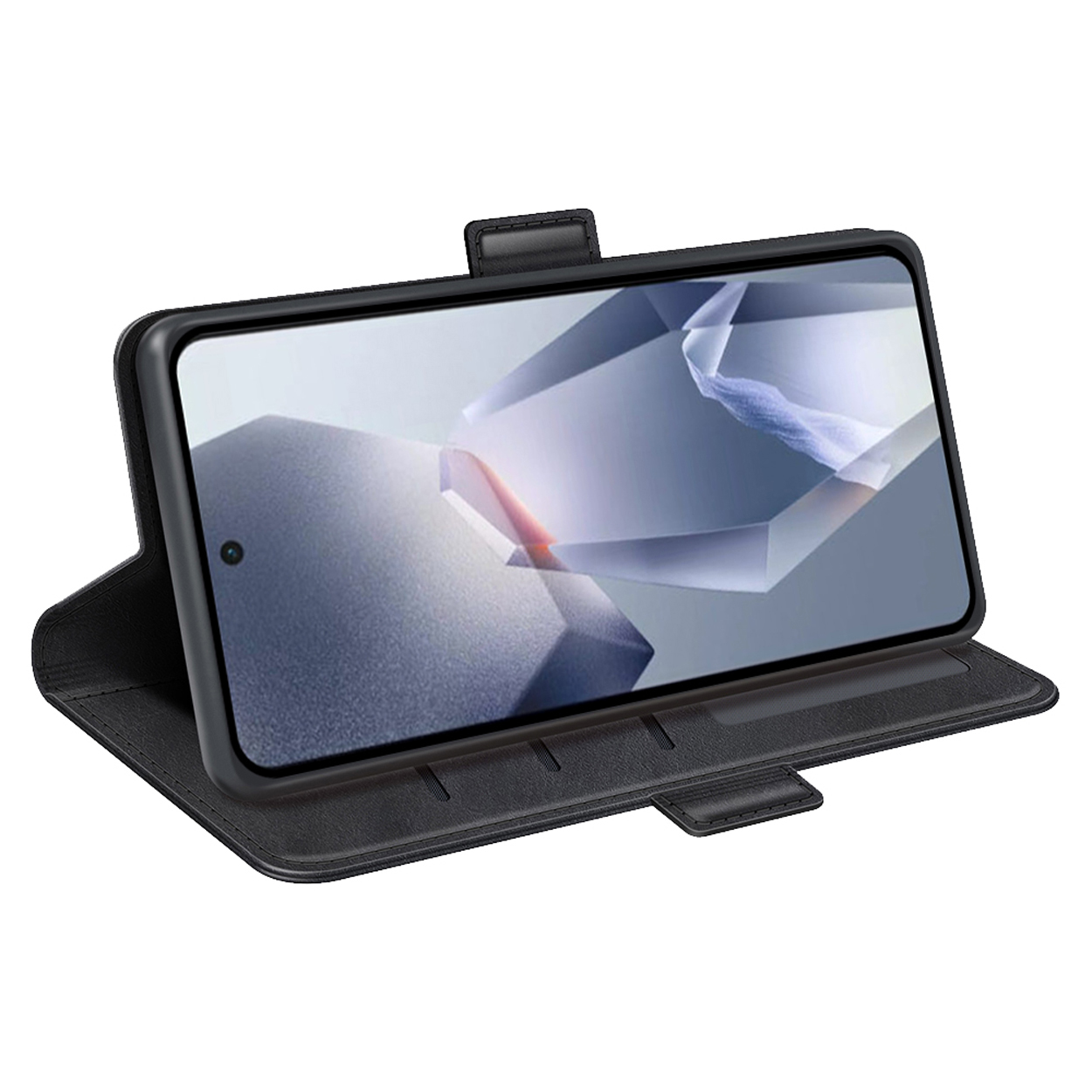 Téléphone dans un étui en cuir noir, ouvert. L'écran affiche un motif géométrique.