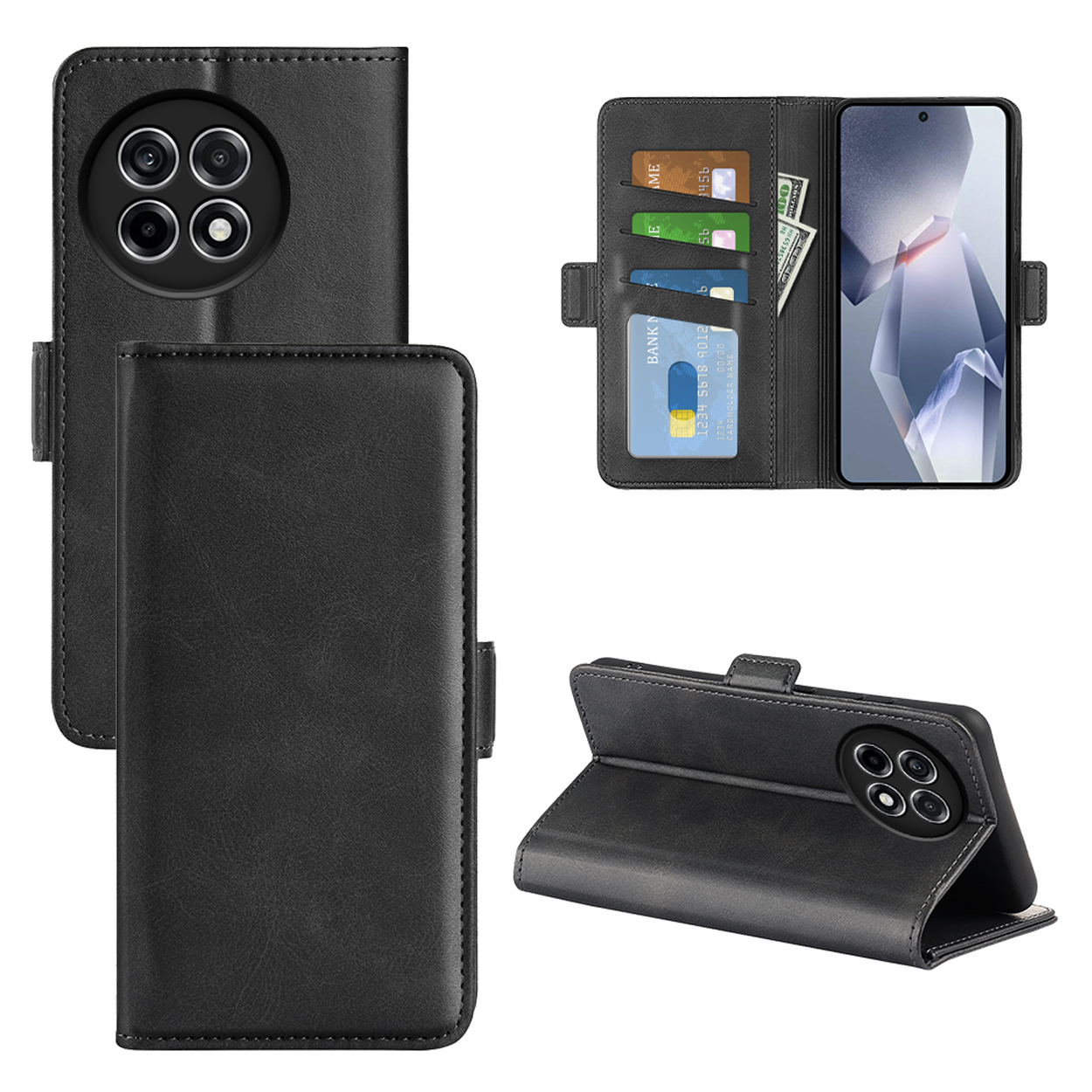 Étui de téléphone en cuir noir avec téléphone à l'intérieur, ouvert. Affiche les cartes et l'écran du téléphone.