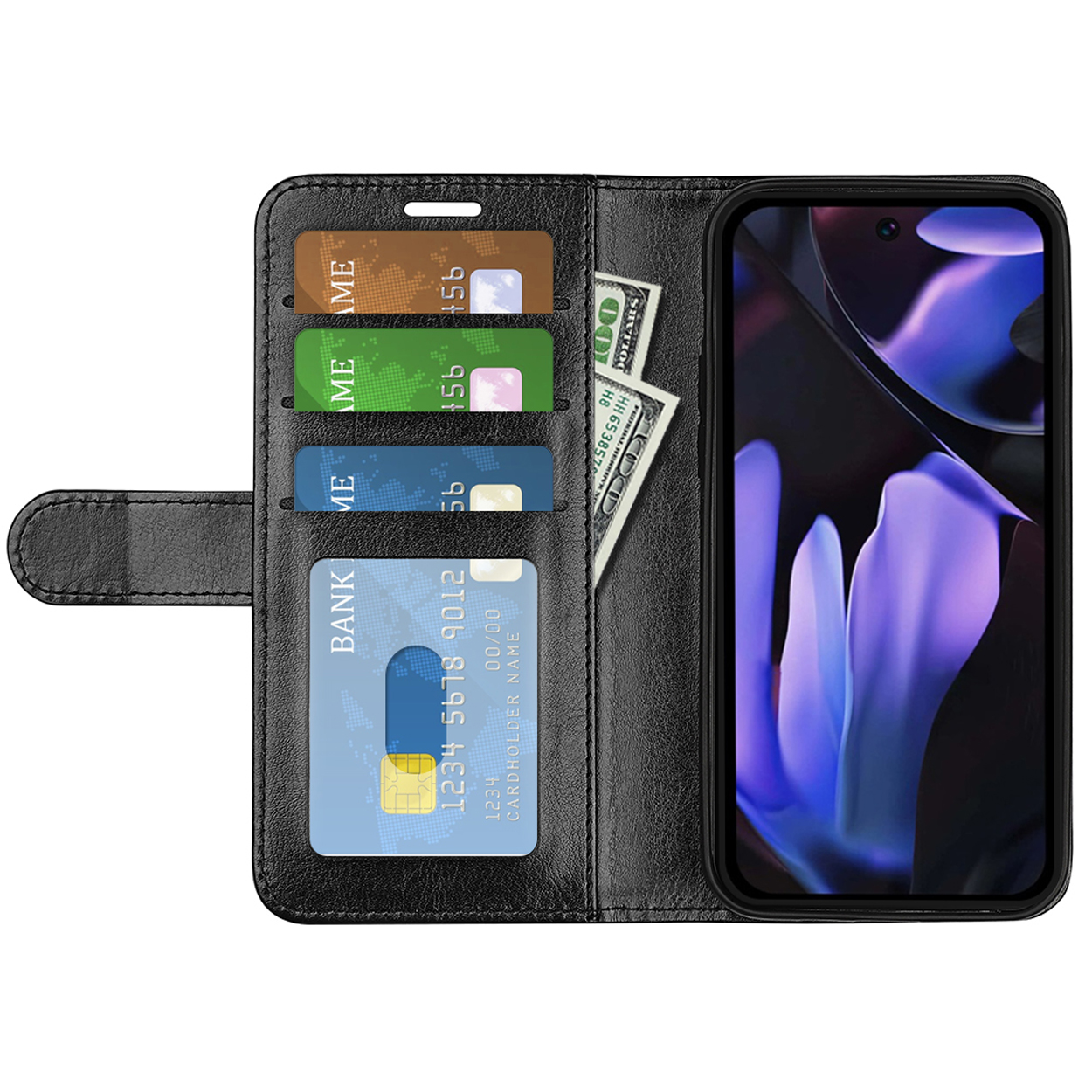 Étui portefeuille noir pour téléphone ouvert avec cartes de crédit et argent à l'intérieur, téléphone à droite.