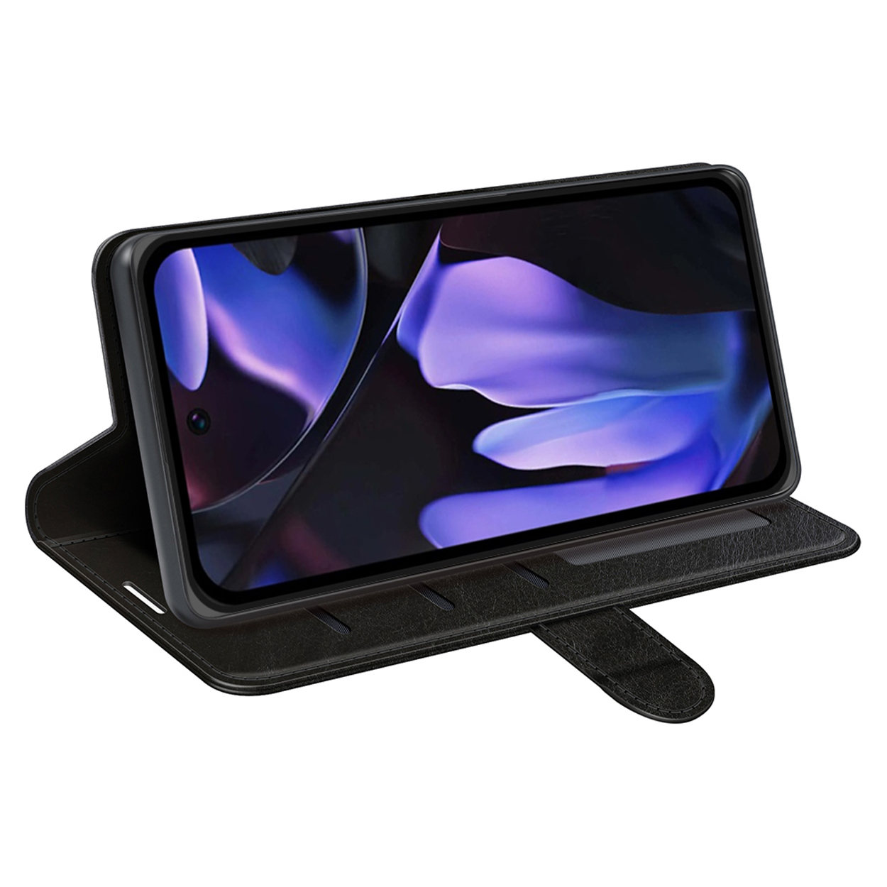 Téléphone noir dans un étui portefeuille, ouvert, avec écran visible, affichant un motif abstrait violet.