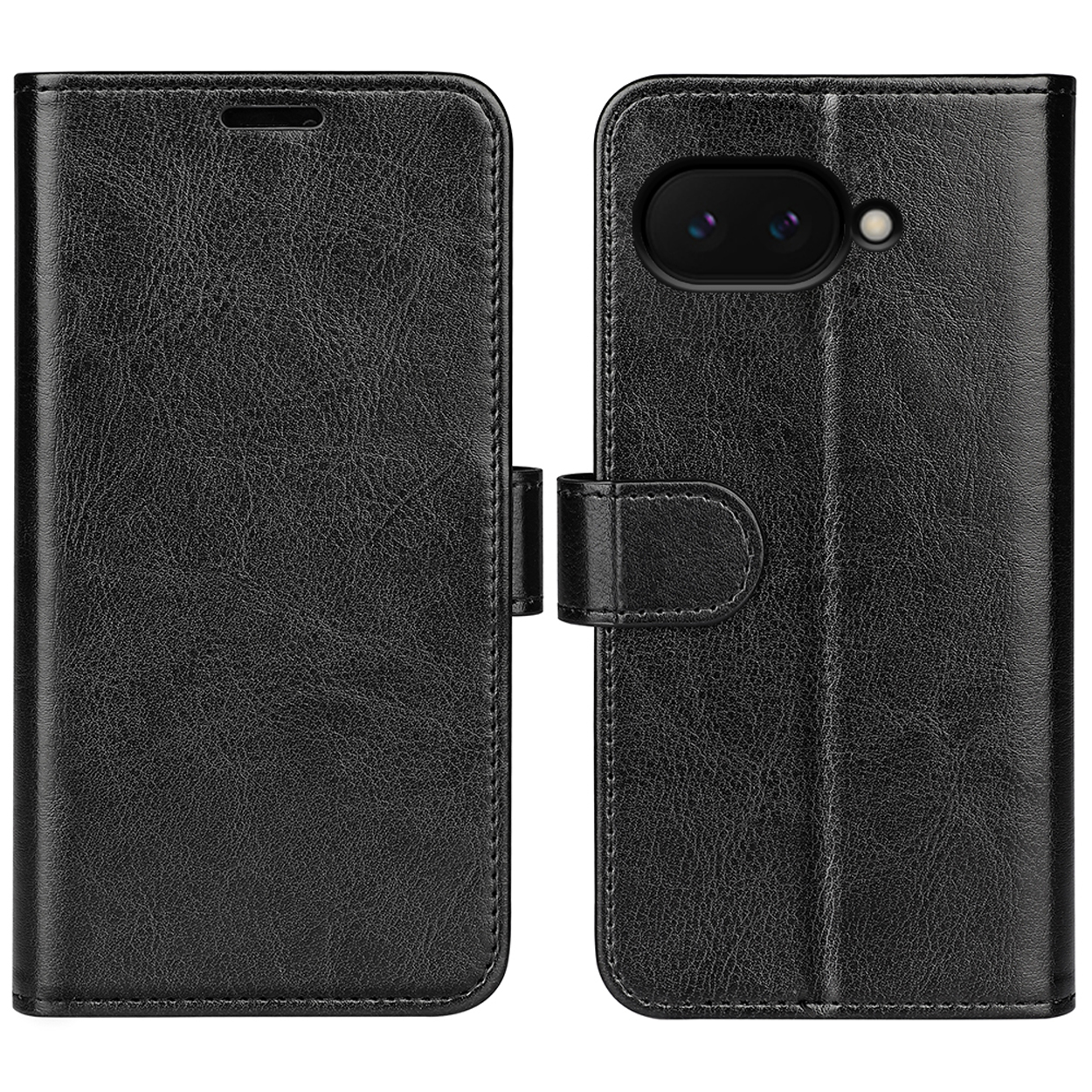 Étui portefeuille noir pour téléphone, fermé, avec une texture en cuir.