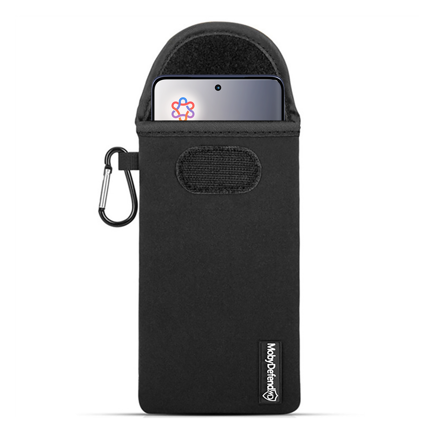 Housse de téléphone noire avec un téléphone partiellement à l'intérieur. Comprend un mousqueton argenté. L'appareil est noir.