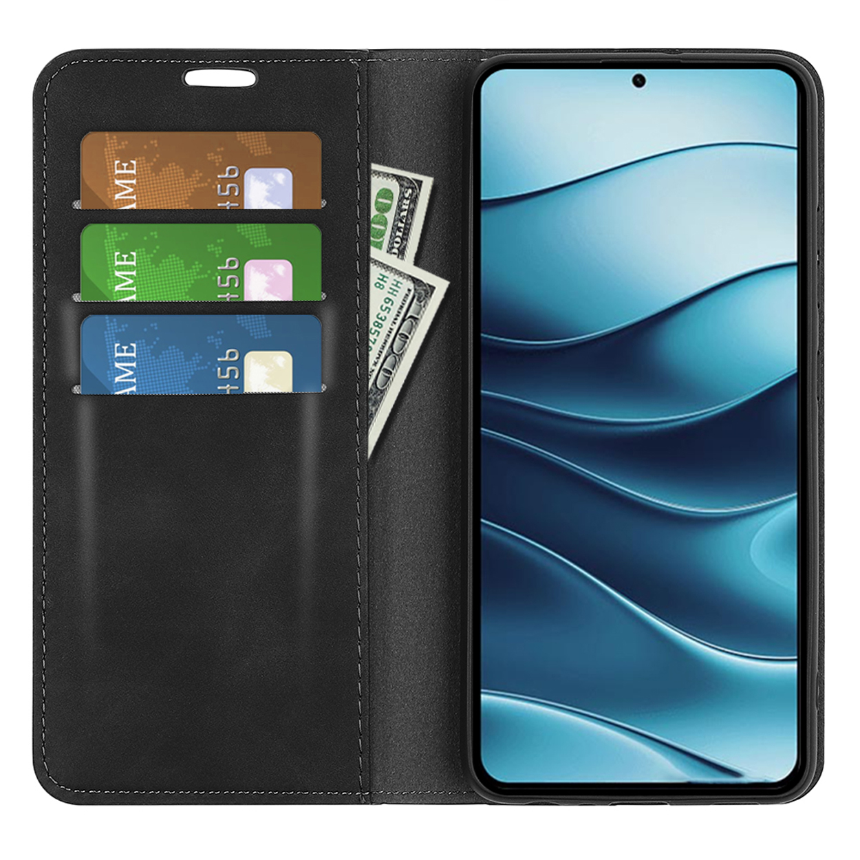 Zwarte telefoonportemonnee open met creditcards en geld erin, telefoon rechts.