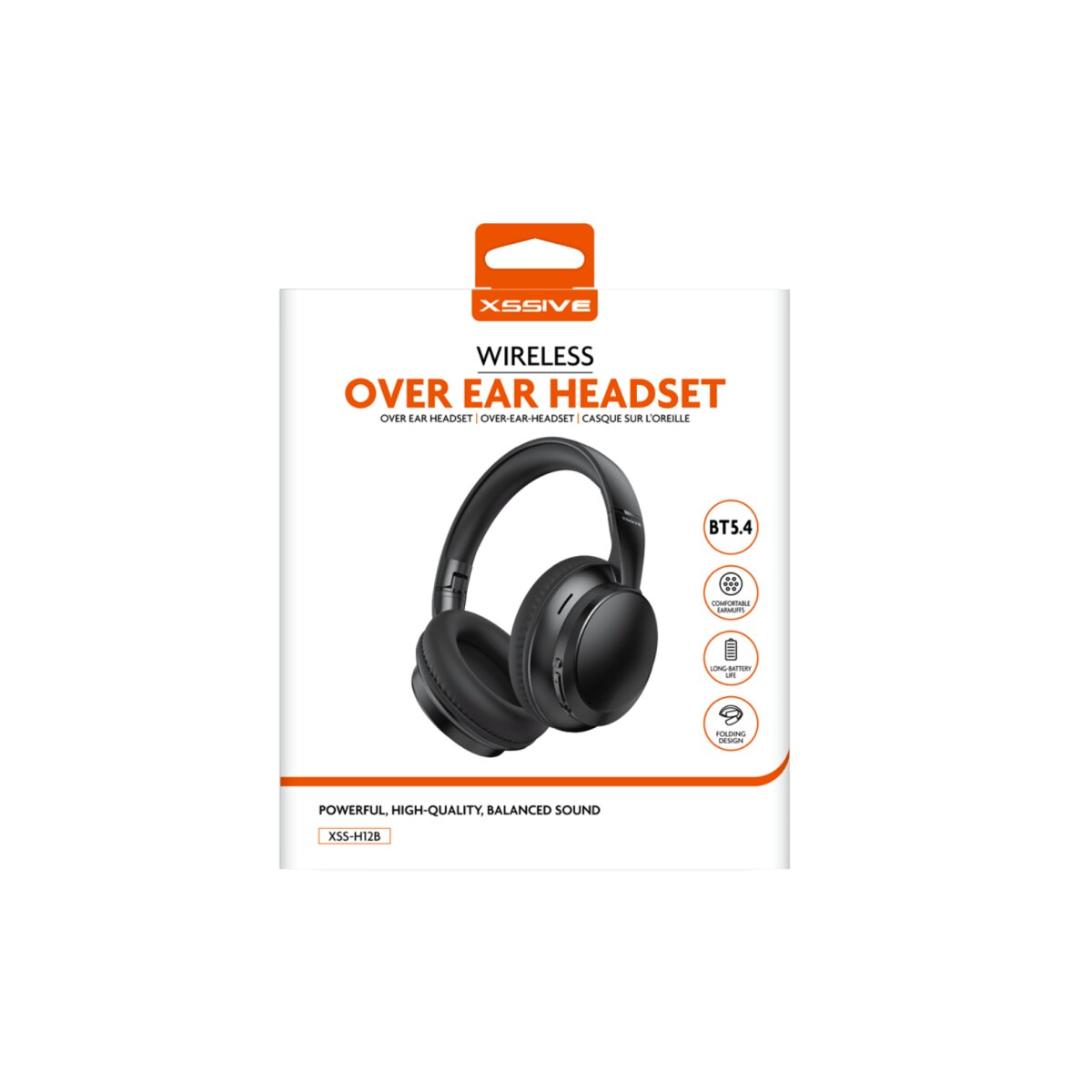 Schwarzer kabelloser Over-Ear-Kopfhörer in der Box. Aufkleber zeigt 'BT5.4', 'bequem' und 'faltbares Design'.