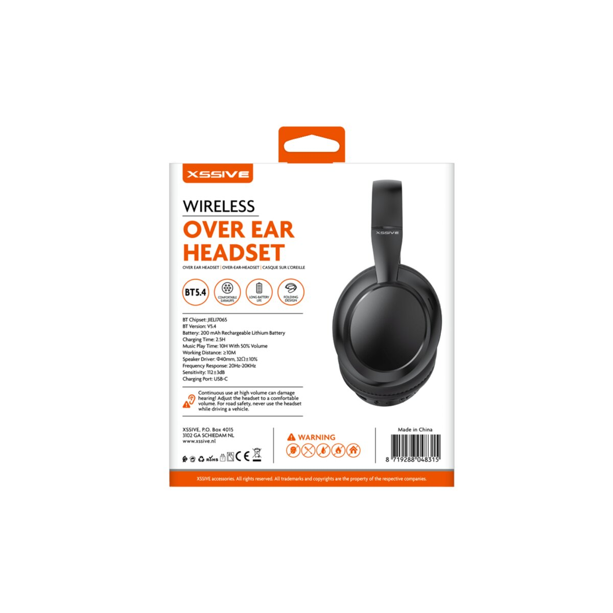 Verpackter schwarzer kabelloser Over-Ear-Kopfhörer mit Text und Spezifikationen.