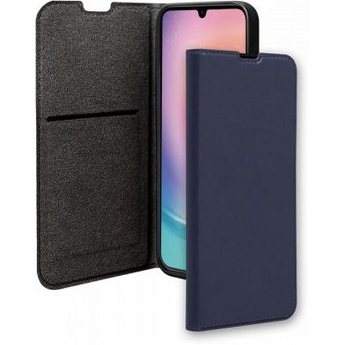 Custodia per telefono blu scuro con smartphone all'interno. La custodia è aperta, mostrando un interno nero con fessura.