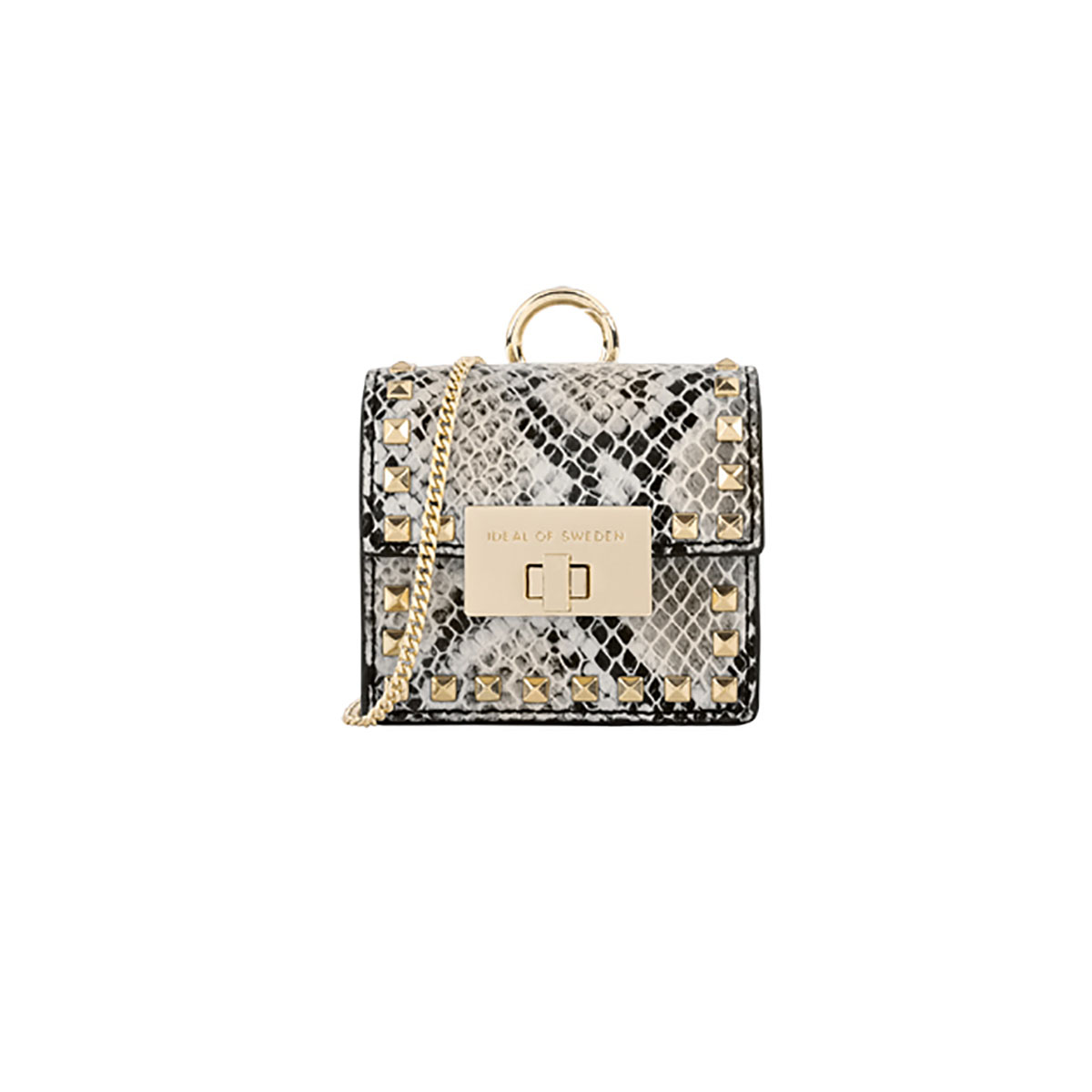 Pequeño bolso cuadrado con estampado de piel de serpiente y detalles dorados.