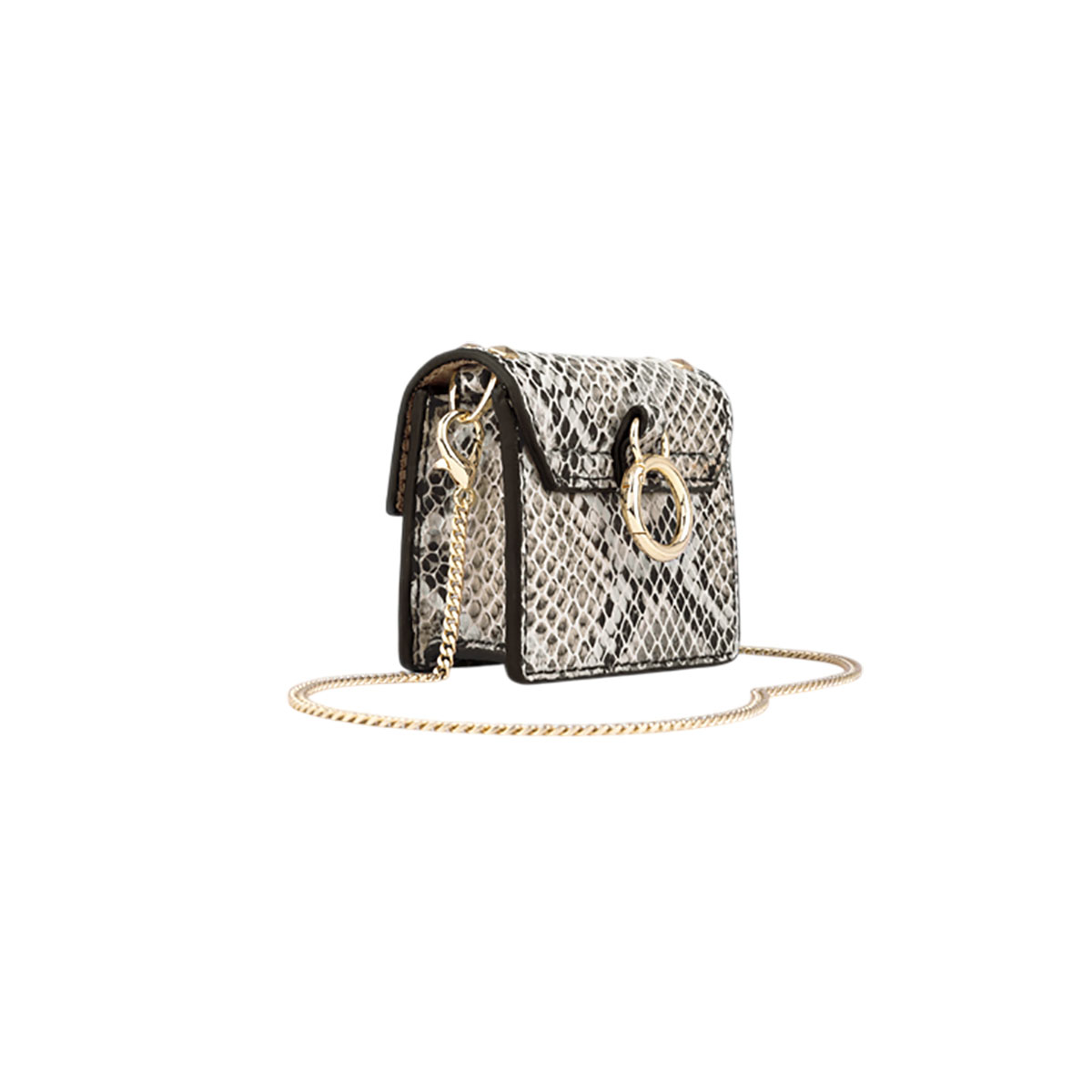 Bolso pequeño y estampado sobre fondo blanco. Tiene una cadena dorada y un cierre dorado con un anillo.