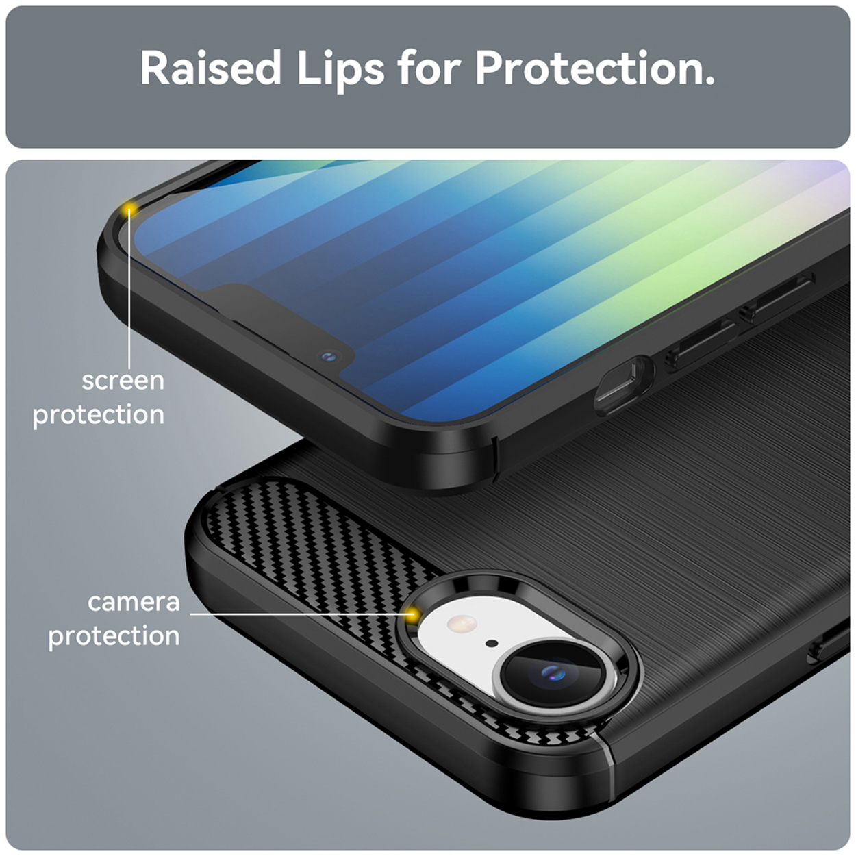 Close-up of a black phone case with screen and camera protection.