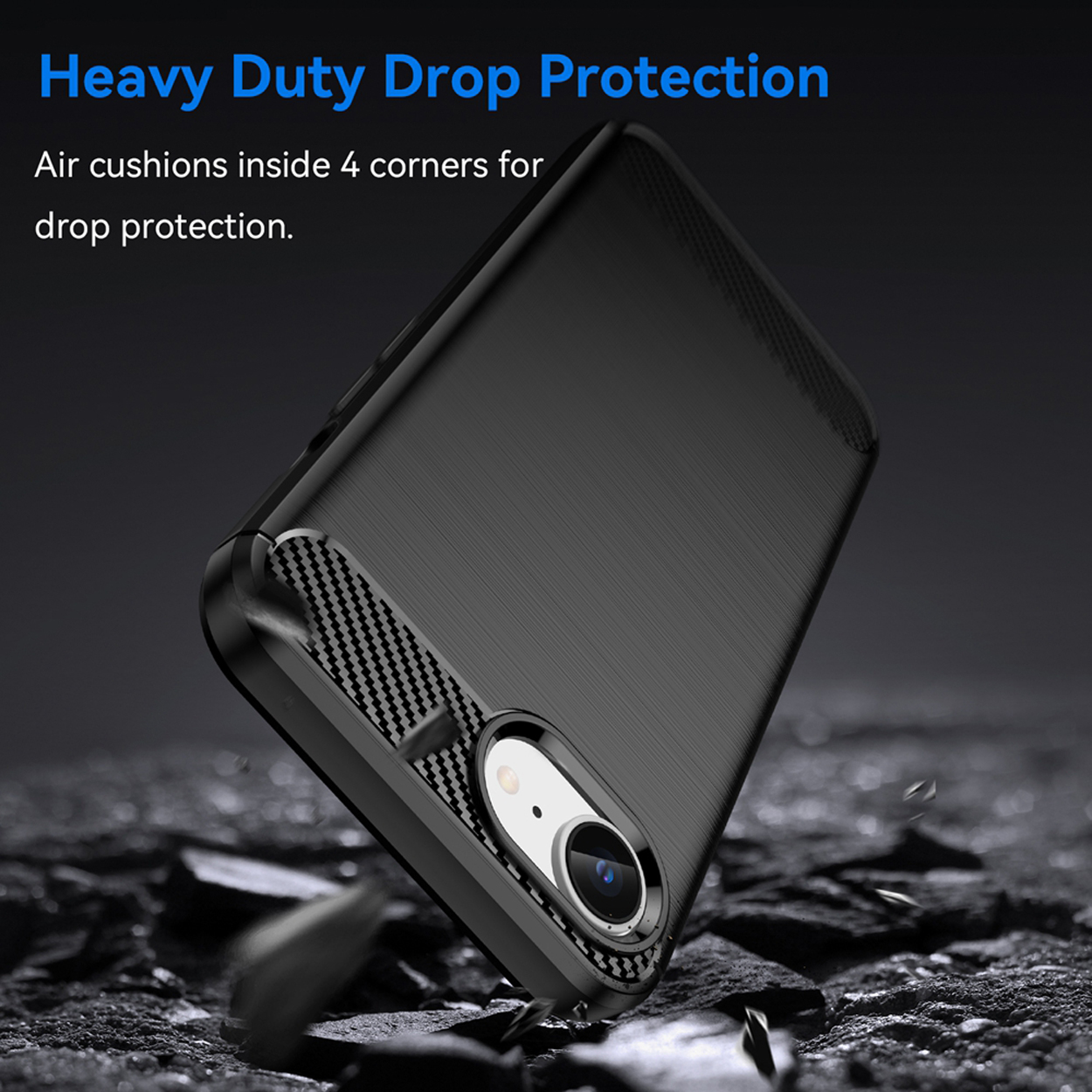 Black phone case with a carbon fiber design, angled. Dropping debris and a phone camera cutout are visible.