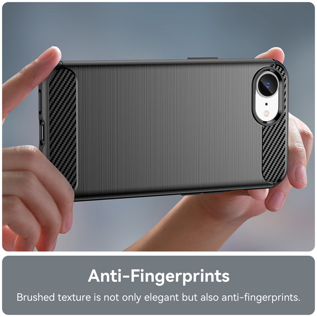 A person holding a phone case with a brushed texture.