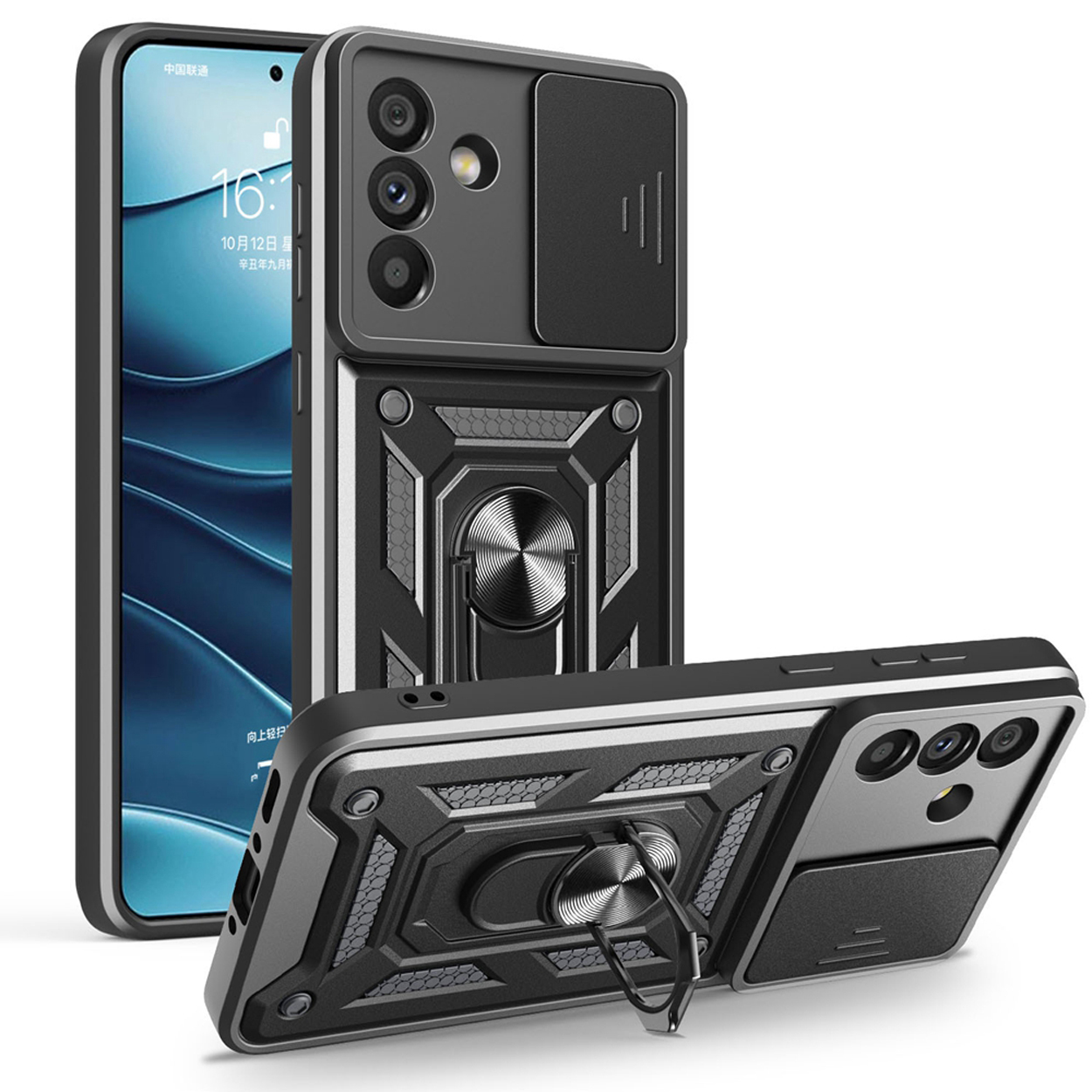 Coque de téléphone noire avec support d'anneau et cache caméra.