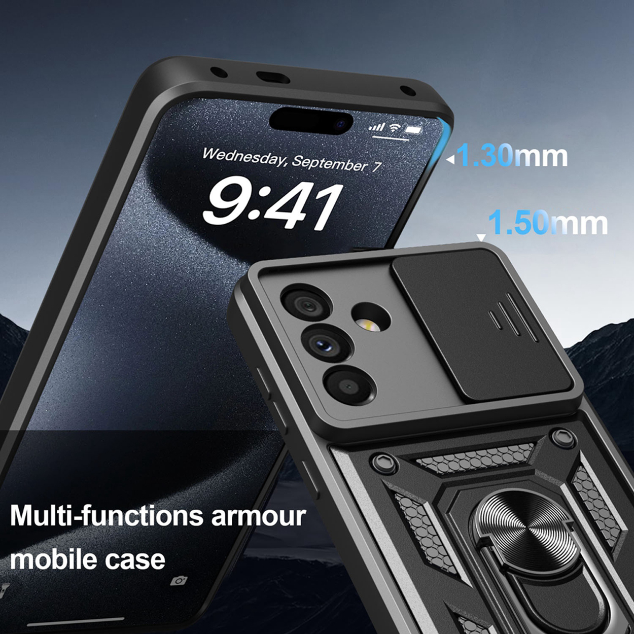 Coque de téléphone avec cache caméra coulissant noir et support d'anneau.