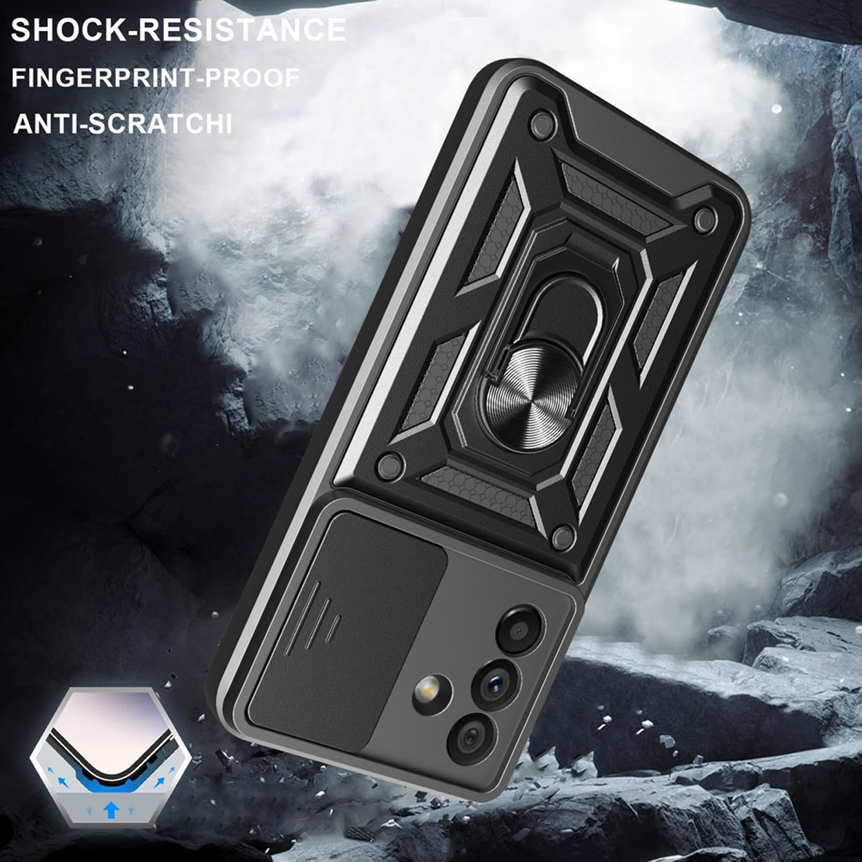 Coque noire avec support d'anneau, cache caméra coulissant et design robuste.