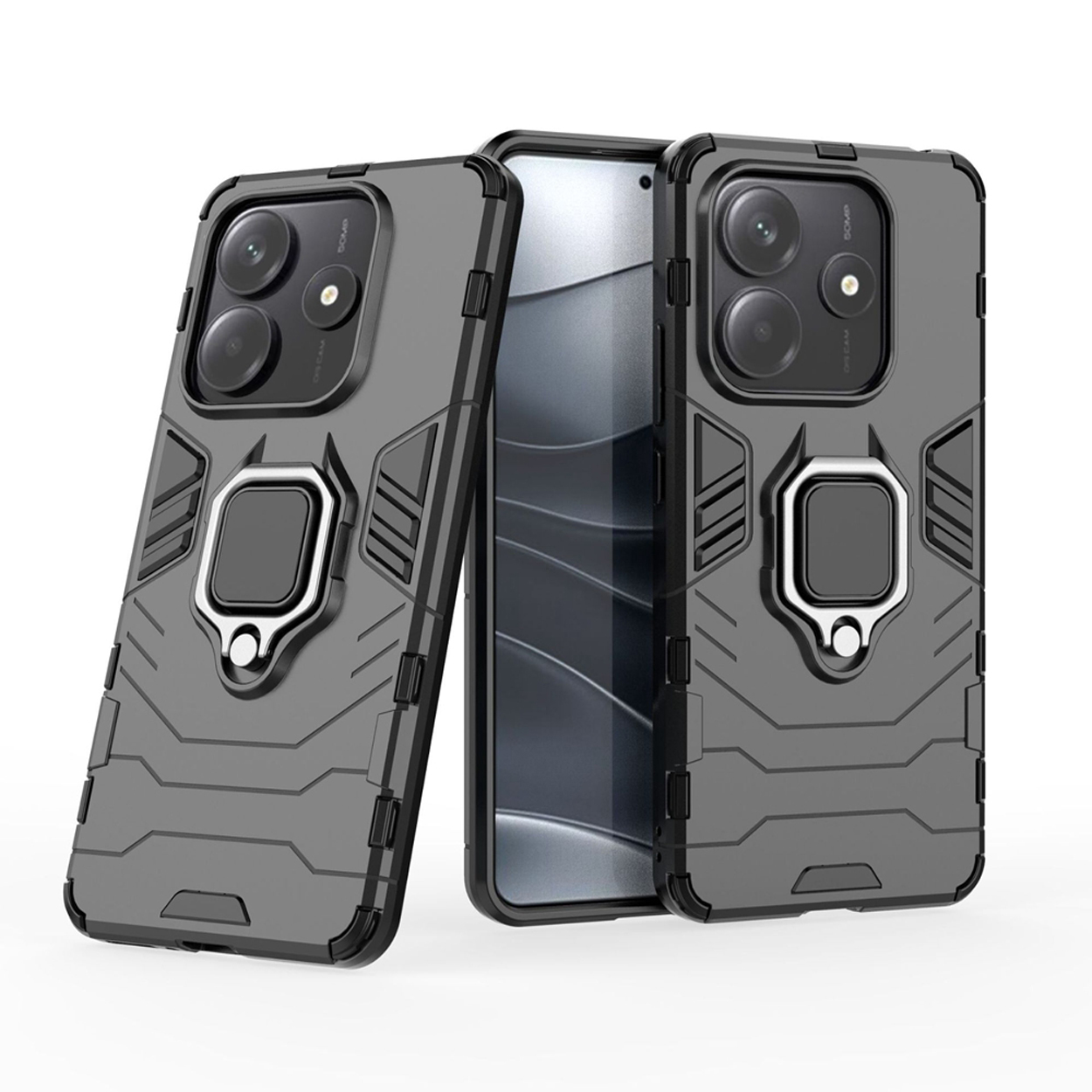 Grijze telefoonhoesjes met ringhouders, één in een telefoon.