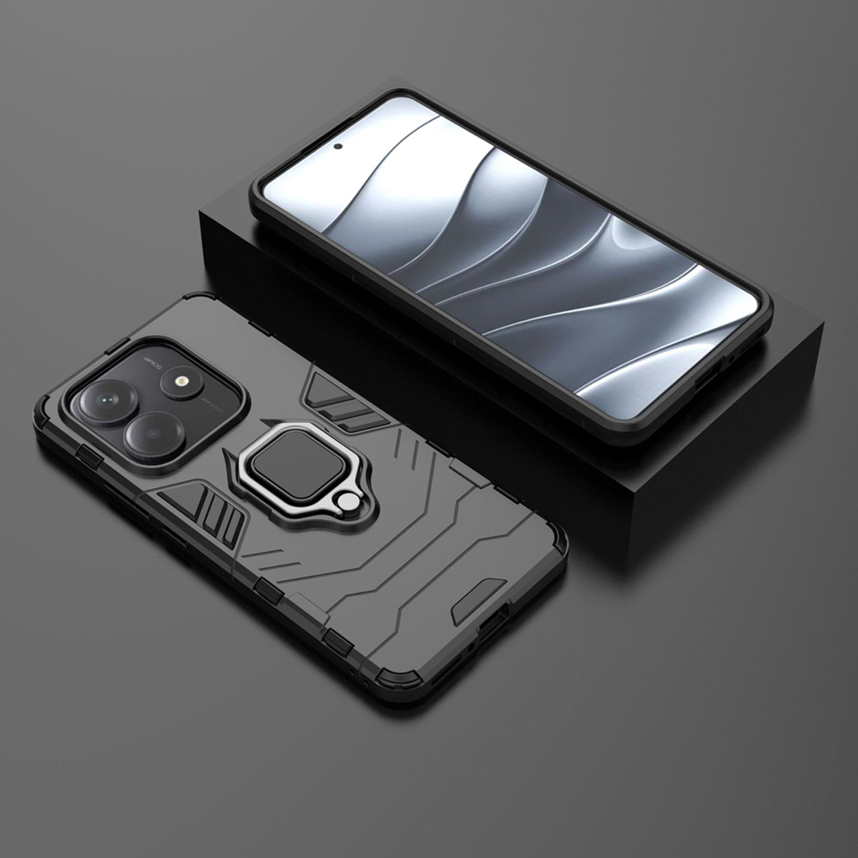 Zwarte telefoonhoes met een ringhouder. Telefoon met scherm op zwarte standaard. Zwarte achtergrond.