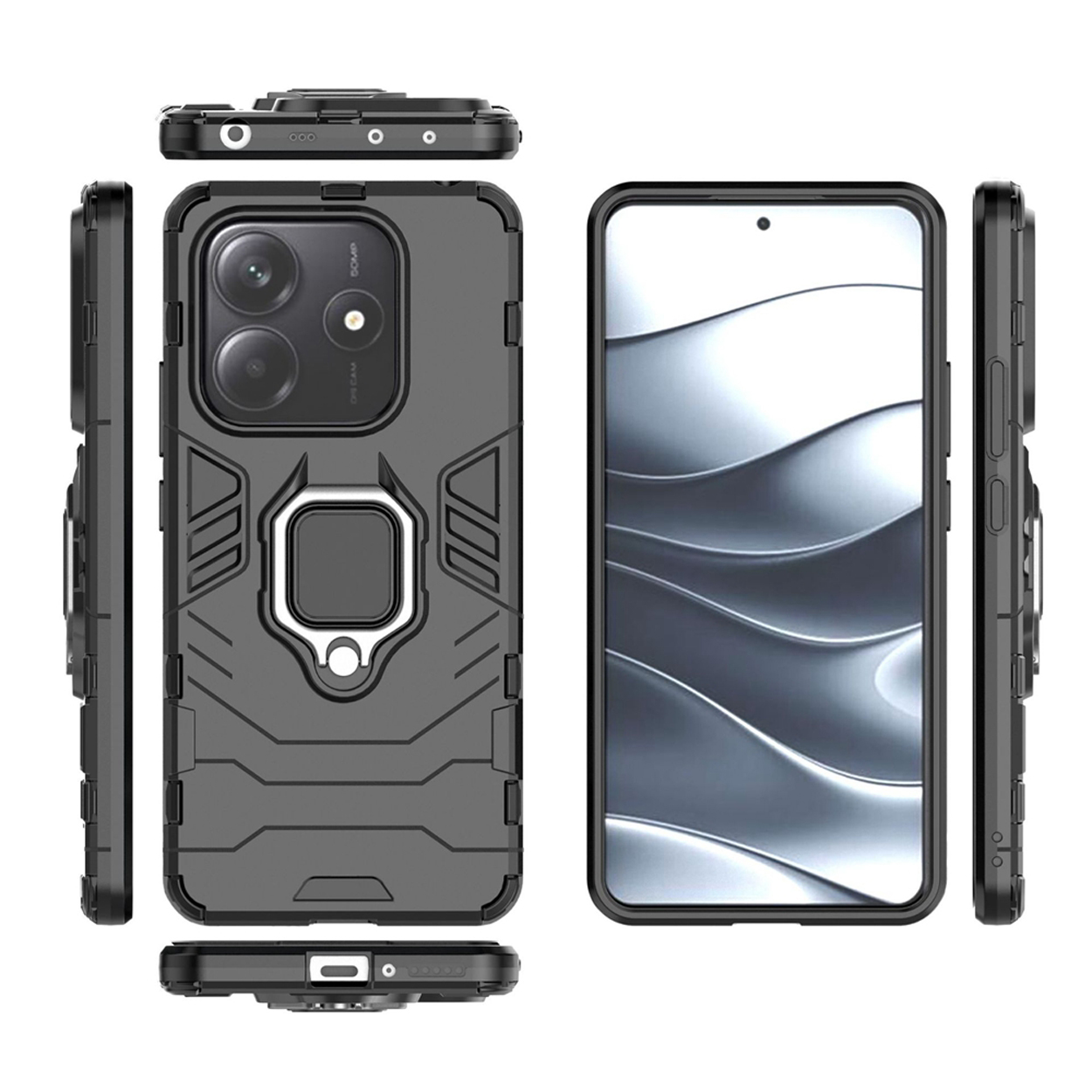 Een zwarte telefoonhoes met meerdere cameralenzen. De case heeft een ringhouder en bedekt de achterkant.