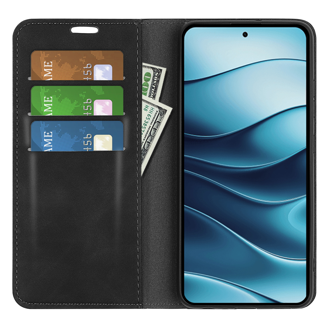 Telefoonhoesje met kaarten en geld. Telefoon toont blauw scherm. Zwart leer.