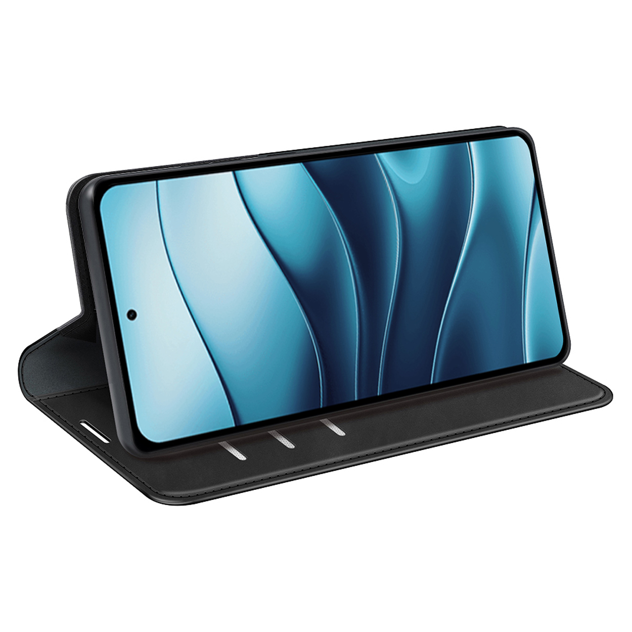 Telefoon in zwarte case, scherm toont blauw abstract ontwerp.