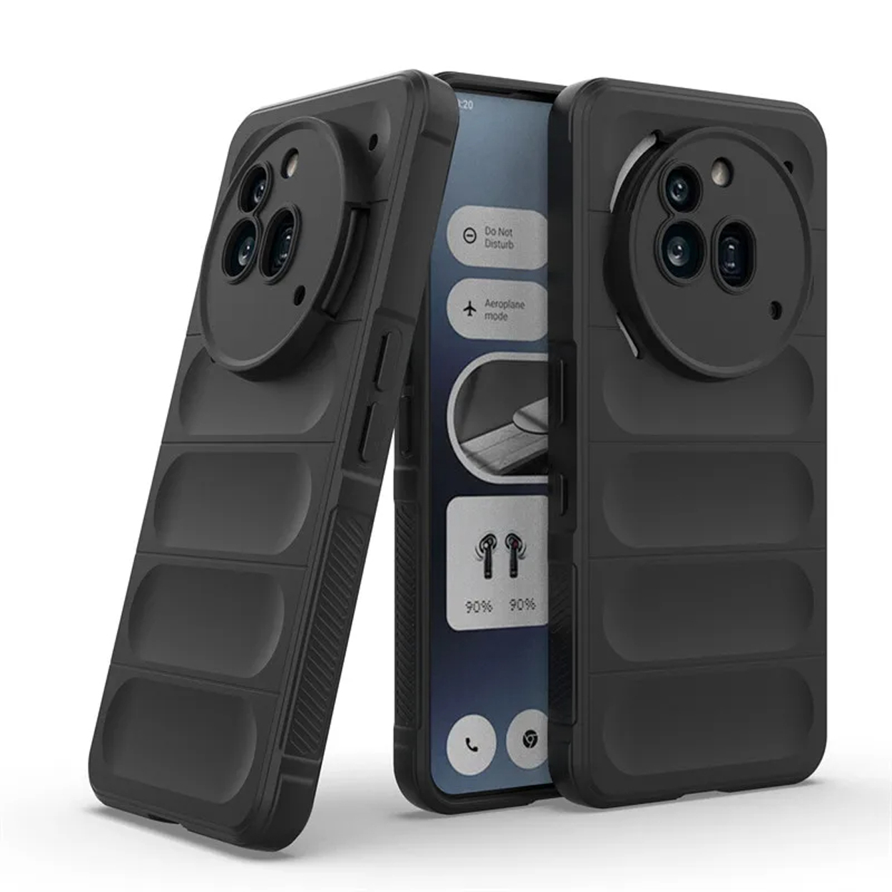 Zwarte telefoonhoes met cirkelvormige camera-uitsparing.