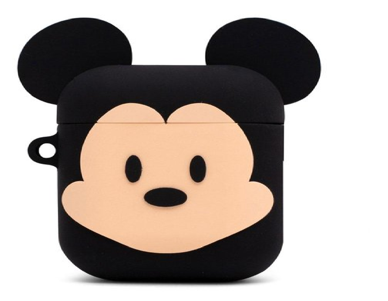 Schwarze AirPod-Hülle mit Mickey-Mouse-Gesicht. Schwarze Ohren, beiges Gesicht, schwarze Augen und Nase. Weißer Hintergrund.