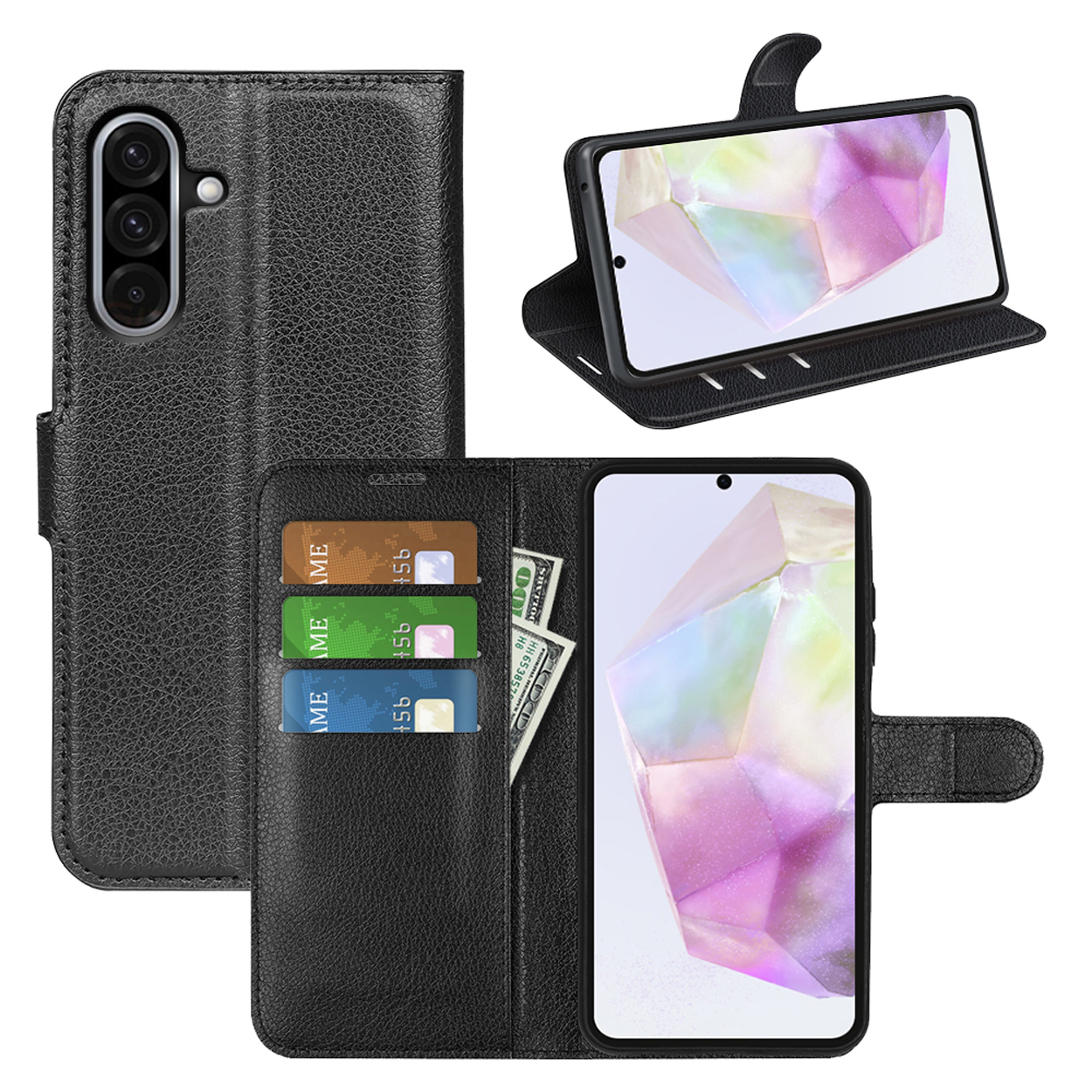 Zwarte telefoonhoes met kaartsleuven en geld.