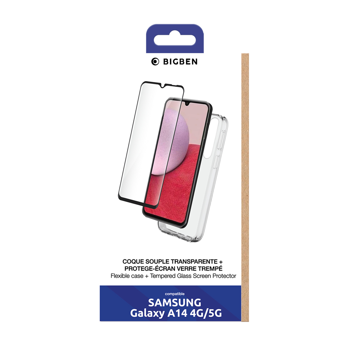 Set di custodie per telefoni Samsung Galaxy A14 4G/5G. Include custodia trasparente e protezione schermo in vetro temperato. Sfondo bianco.
