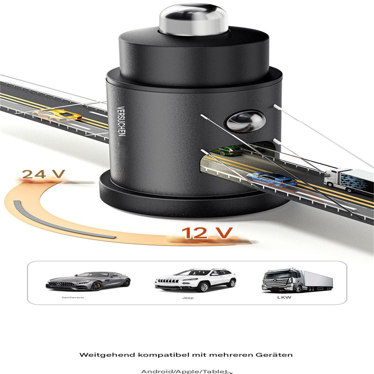 Autoladegerät mit schwarzem Gehäuse, zeigt eine Straße mit Autos und Illustrationen für 12V und 24V.