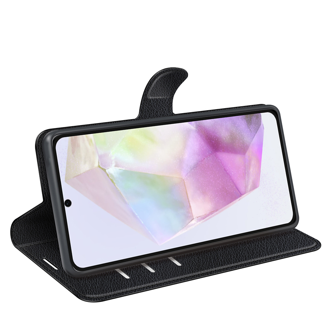 Zwarte telefoonhoes open, met een telefoon met een kristalachtige afbeelding. De case heeft kaartsleuven. Witte achtergrond.