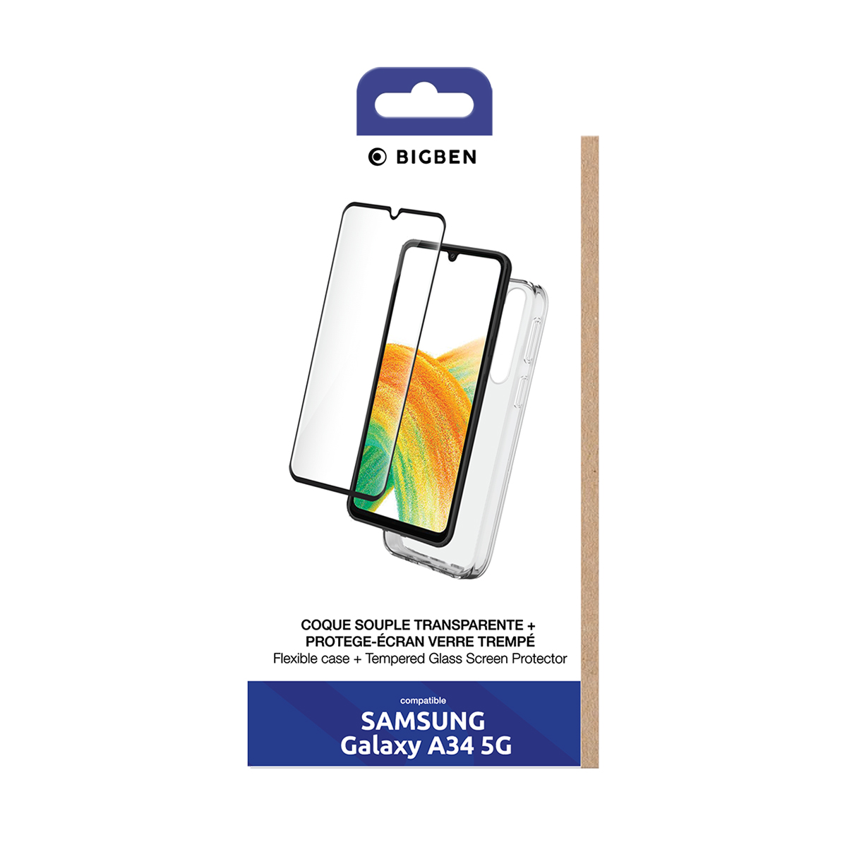 Confezione di protezione schermo e custodia per telefono. Testo: Custodia flessibile + Protezione schermo in vetro temperato, Compatibile con Samsung Galaxy A34 5G.