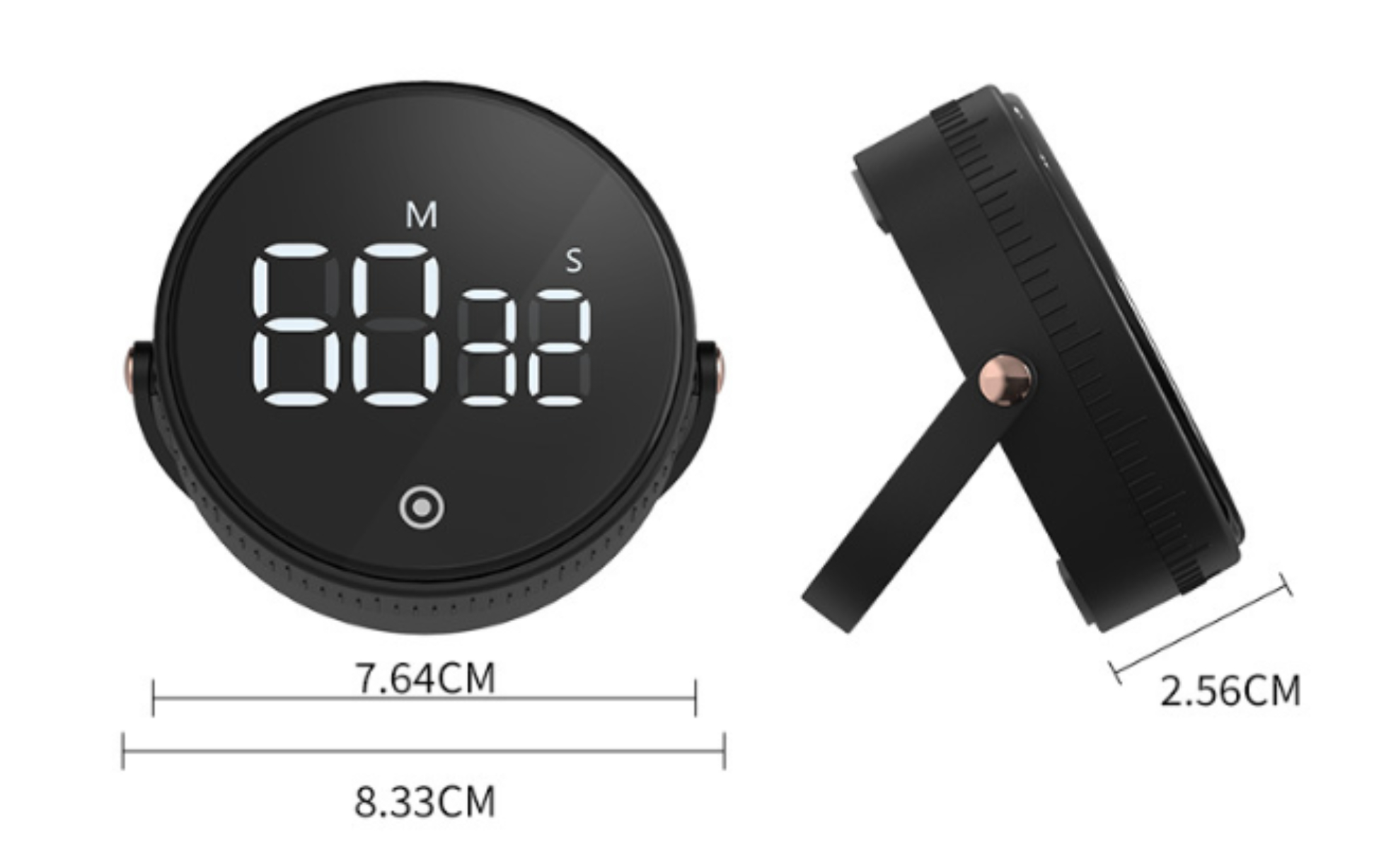 Schwarzer Küchentimer, der 60:32 anzeigt, mit Ständer. Maße: 7,64 cm Breite, 8,33 cm Länge, 2,56 cm Höhe.