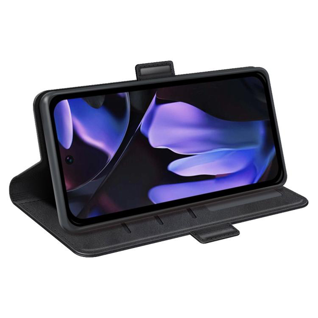 Zwarte telefoonhoes, open, met een telefoon zichtbaar erin, die een paars en blauwe abstracte achtergrond laat zien.