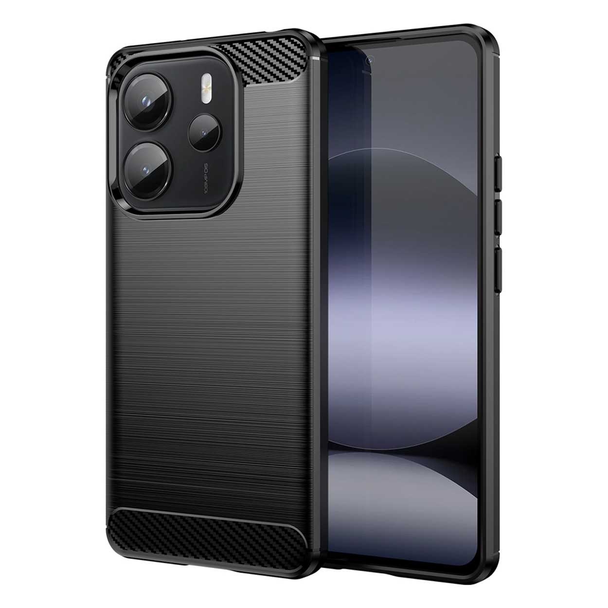 Zwarte telefoonhoes met getextureerde achterkant, koolstofvezel accenten en camera-uitsparing. Telefoon gedeeltelijk zichtbaar.