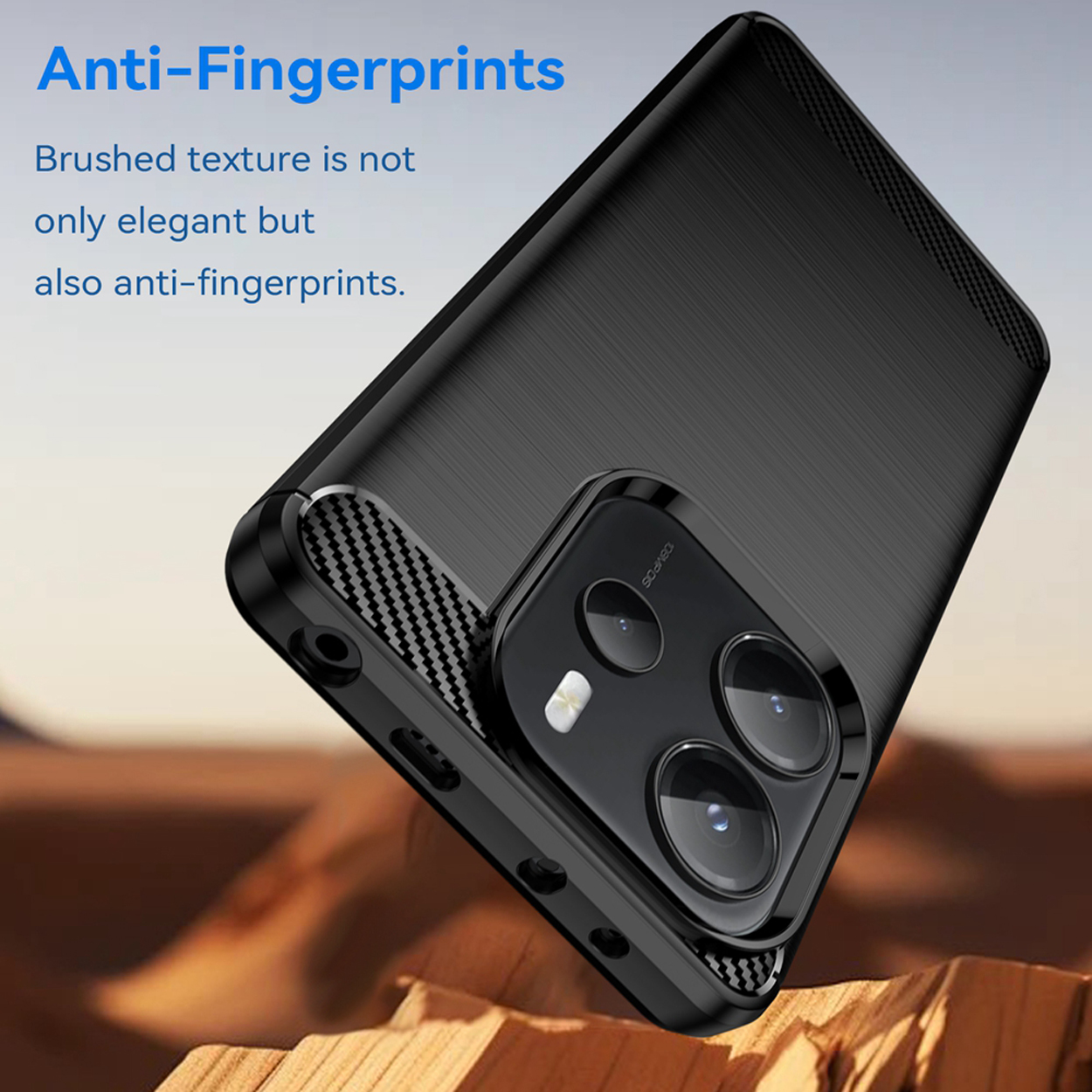 Zwarte telefoonhoes met een geborstelde textuur. Toont een telefoon met een camera-uitsparing. Tekst: Anti-vingerafdrukken, Geborstelde textuur...