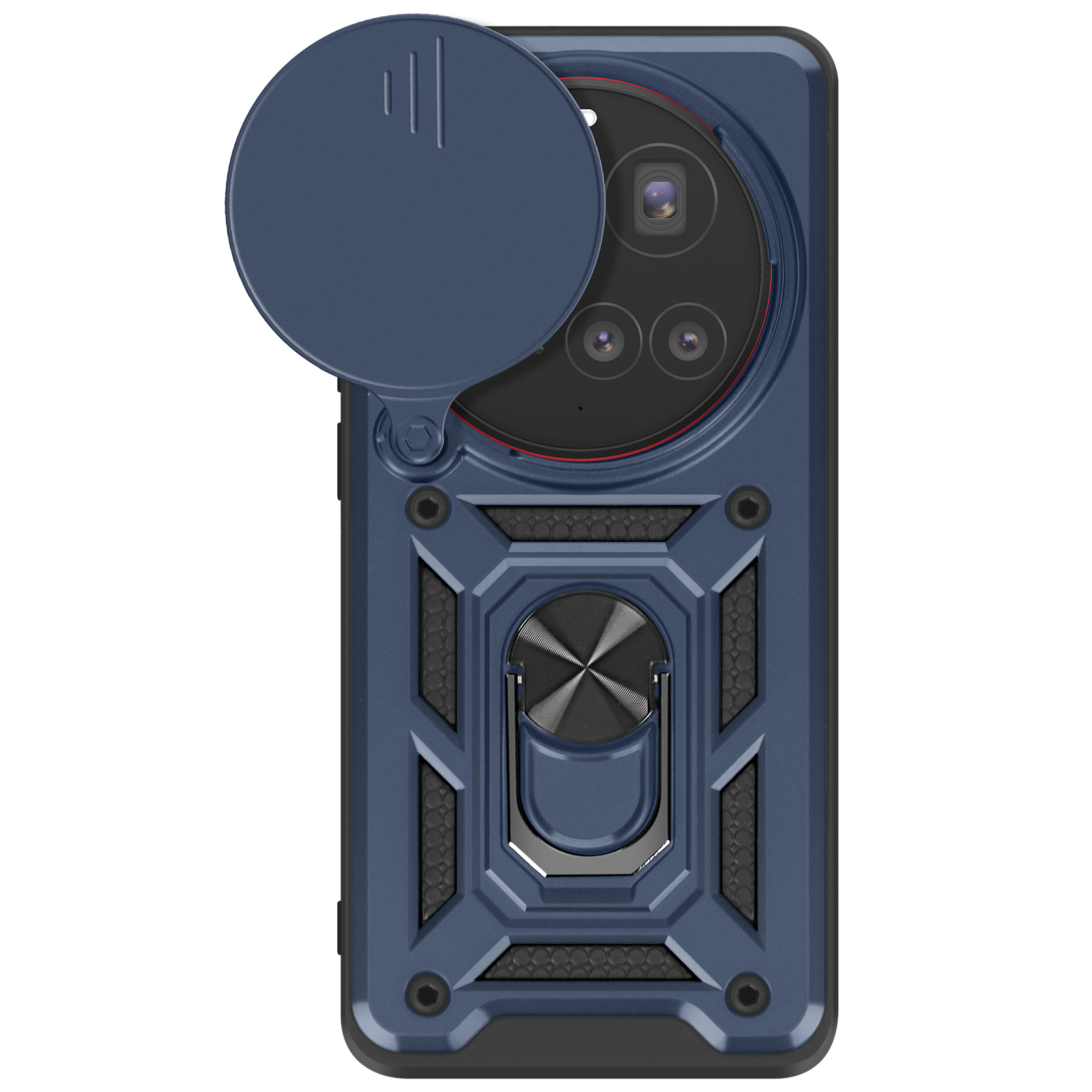 Custodia per telefono blu scuro con copriobiettivo e anello, cornice nera.